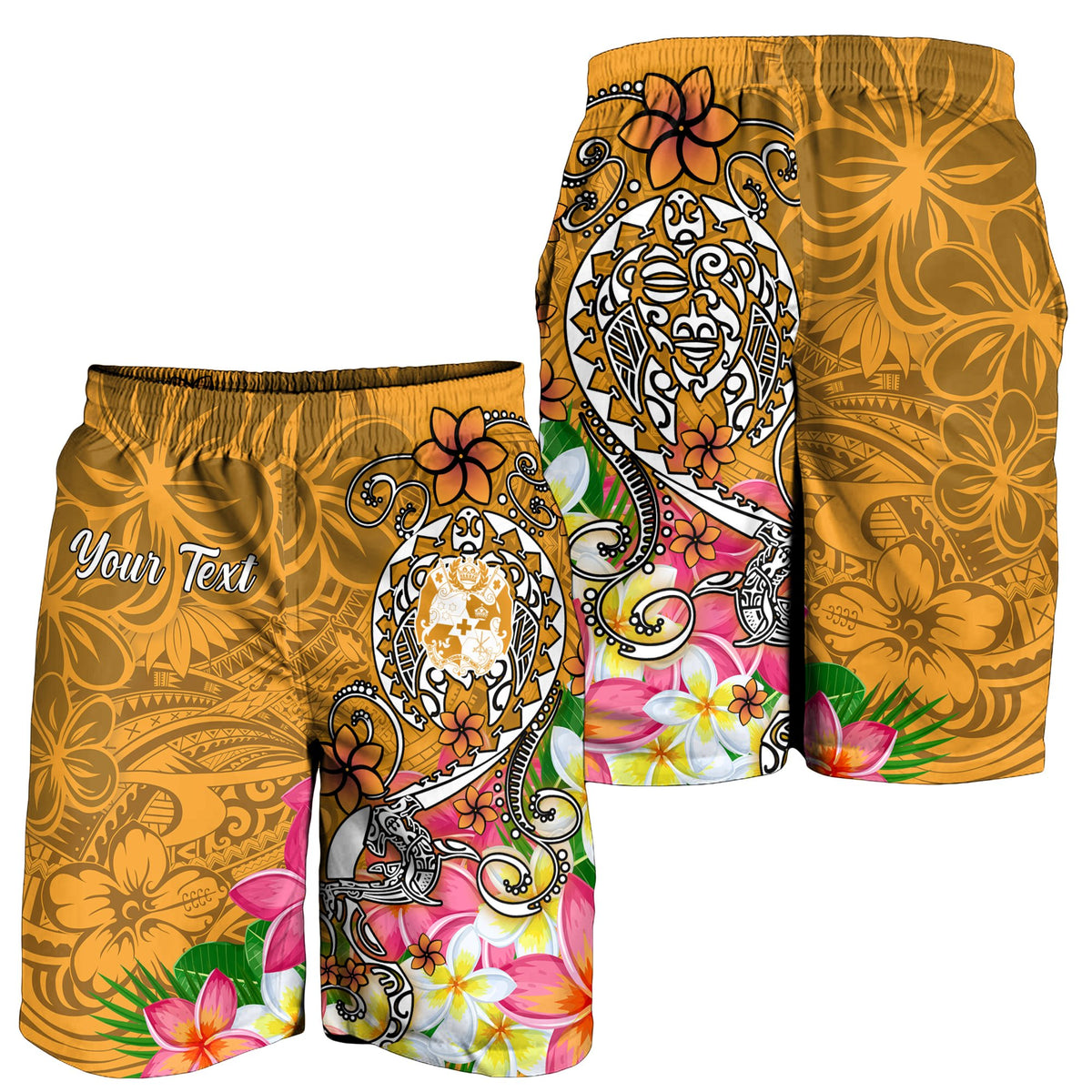 Tonga Custom Personalised Men's Shorts - Turtle Plumeria (GOLD) - Polynesian Pride