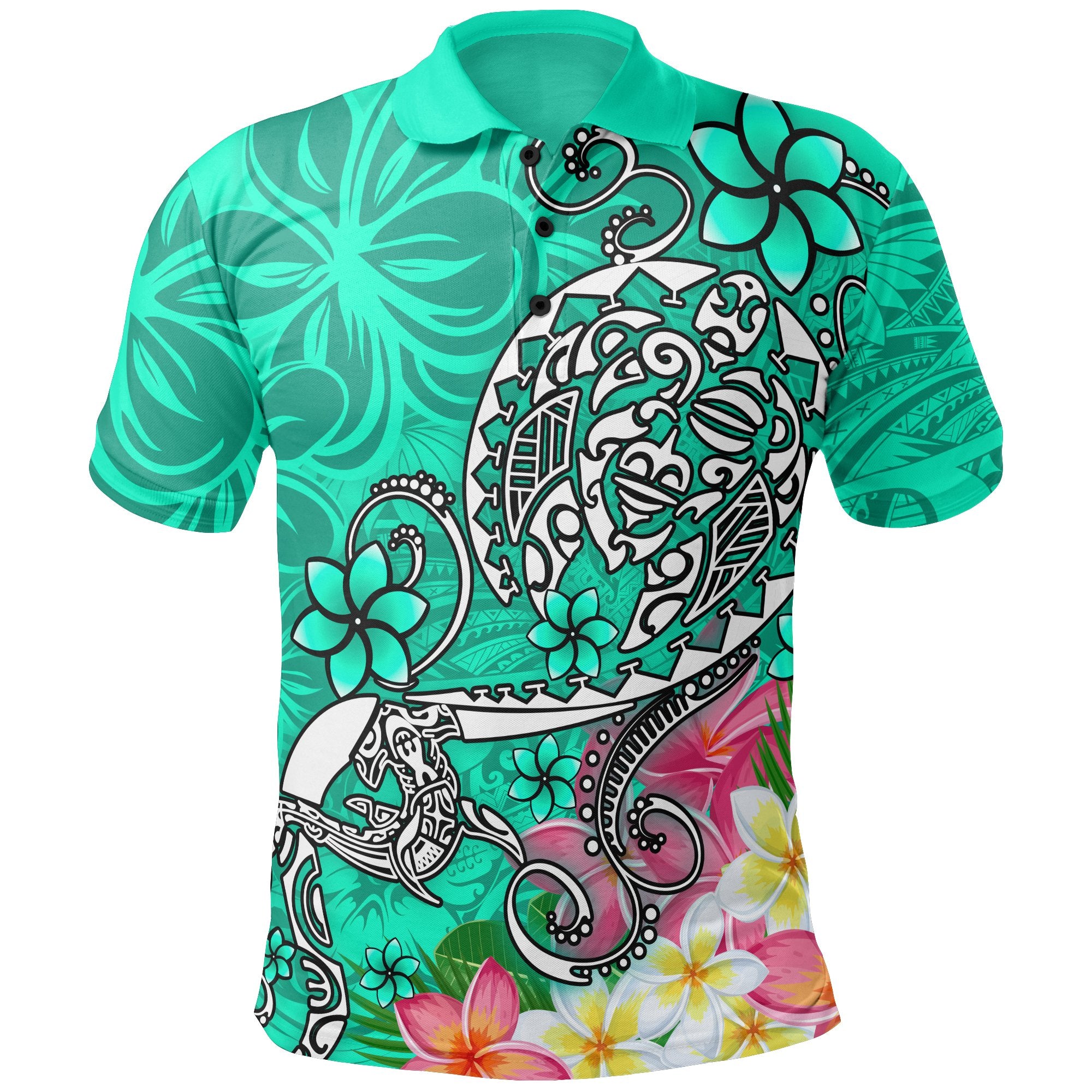 Polynesian Polo Shirt Turtle Plumeria Turquoise Color Unisex Turquoise - Polynesian Pride