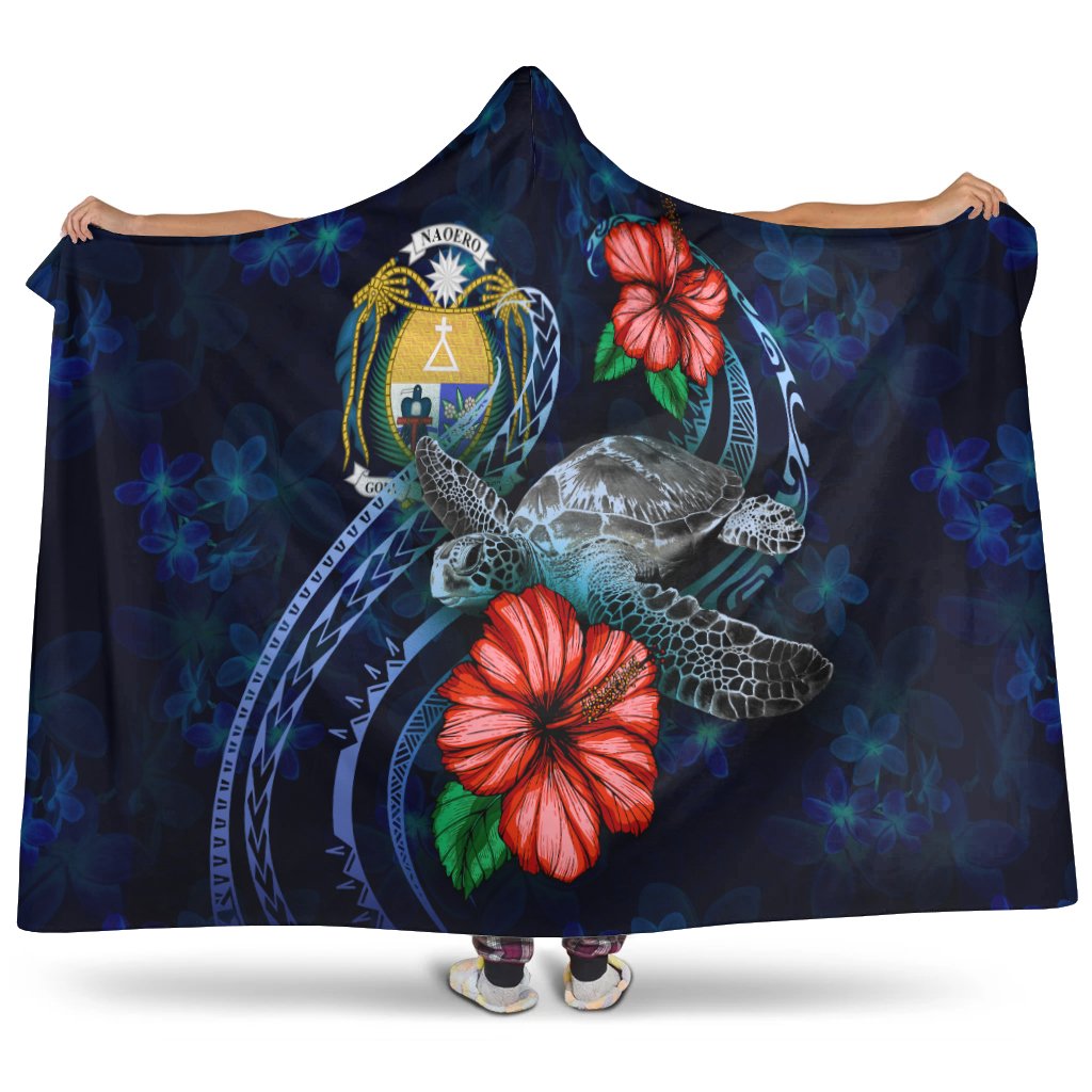 Nauru Polynesian Hooded Blanket - Blue Turtle Hibiscus Hooded Blanket Blue - Polynesian Pride