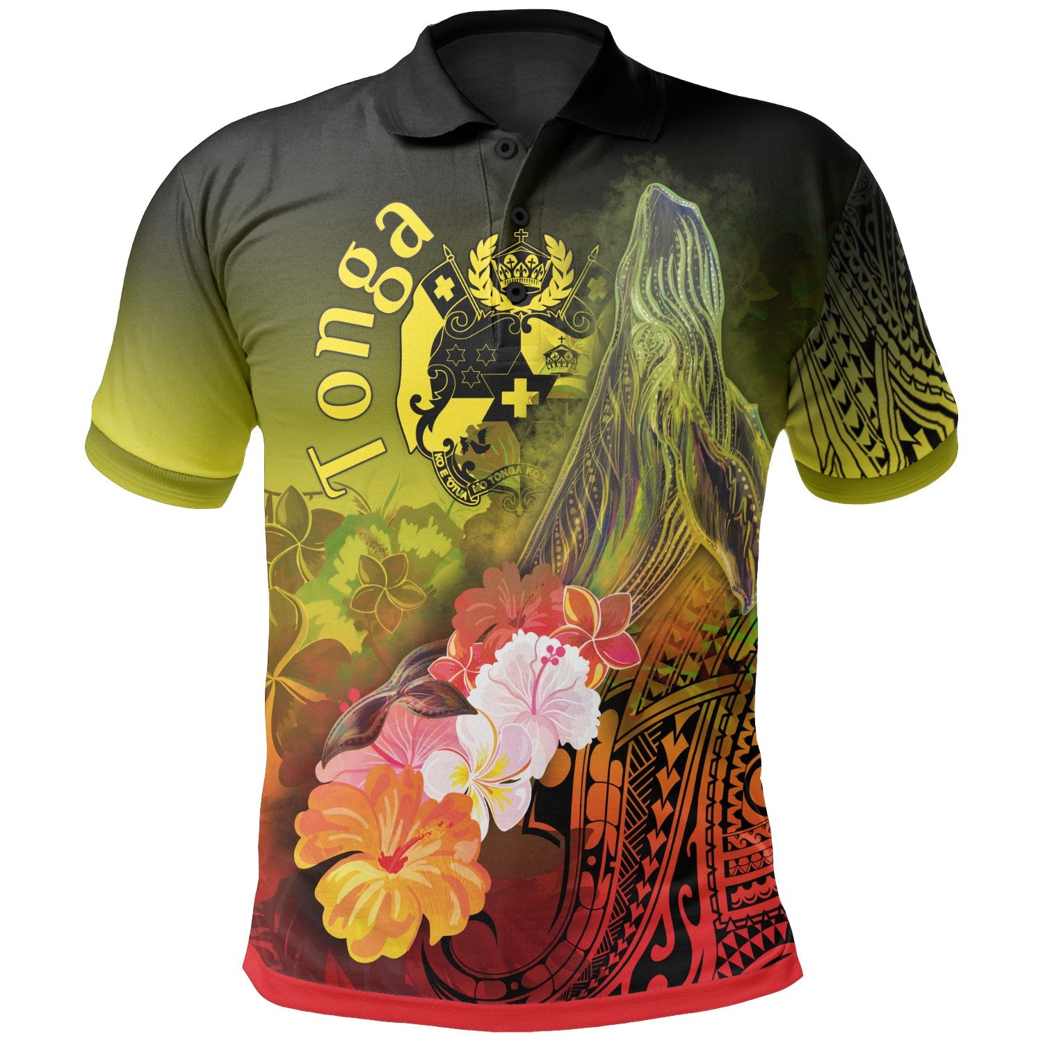 Tonga Polo Shirt Humpback Whale with Tropical Flowers (Yellow) Unisex Yellow - Polynesian Pride