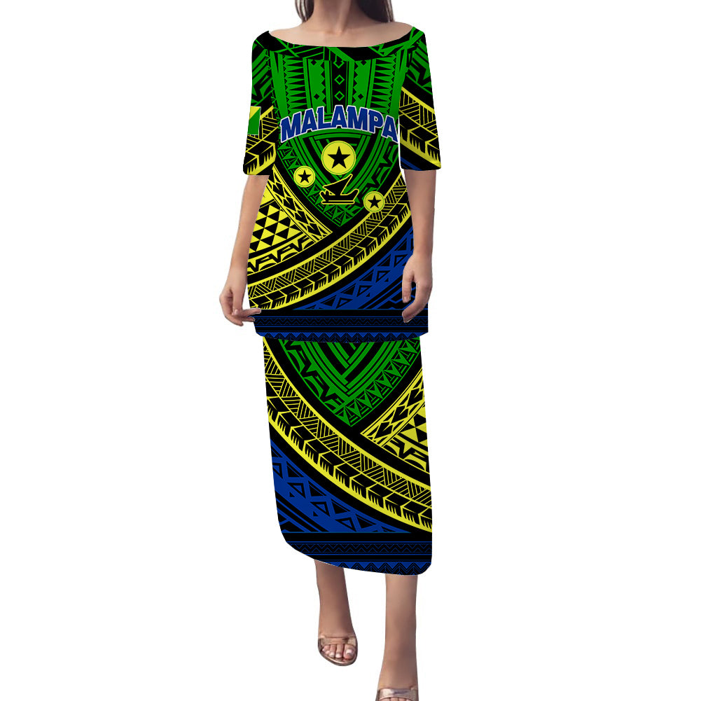 (Custom Personalised) Vanuatu Malampa Province Tribal Pattern Puletasi Dress - LT12 Long Dress Green - Polynesian Pride