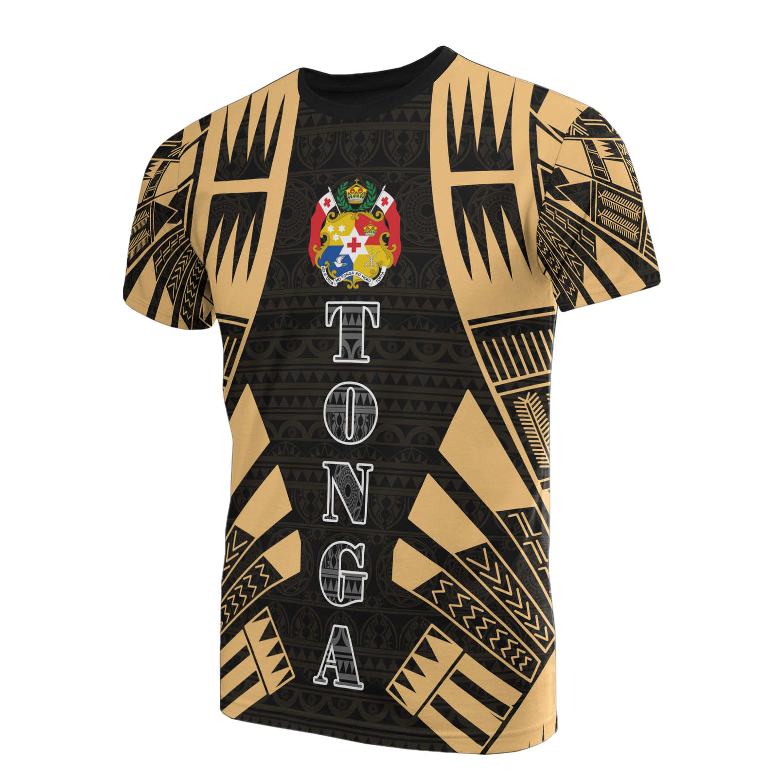 Tonga T Shirt Tonga Coat of Arms Polynesian Tattoo Gold Style Unisex Black-Gold - Polynesian Pride