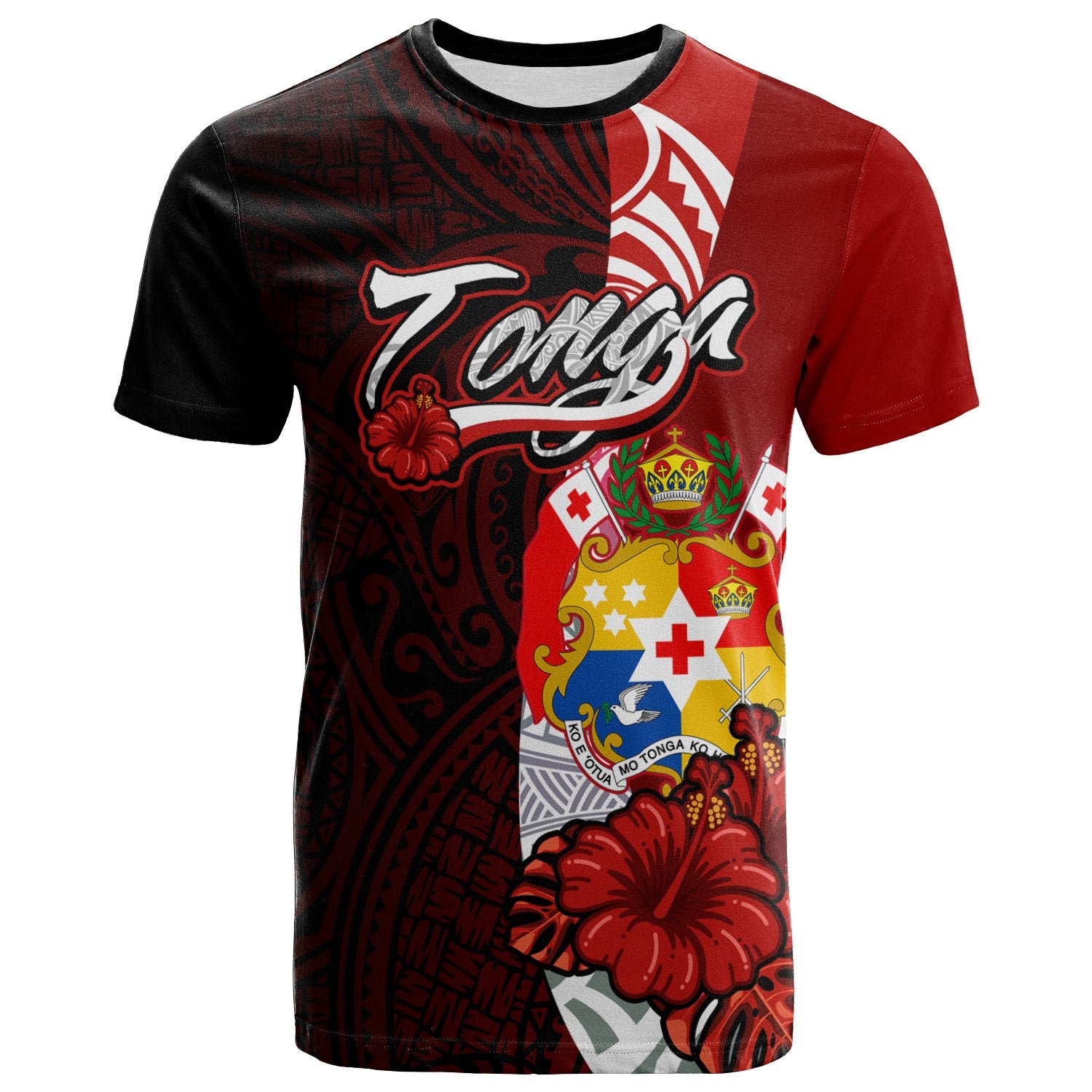 Tonga Polynesian T Shirt Coat of Arm With Hibiscus Unisex Red - Polynesian Pride