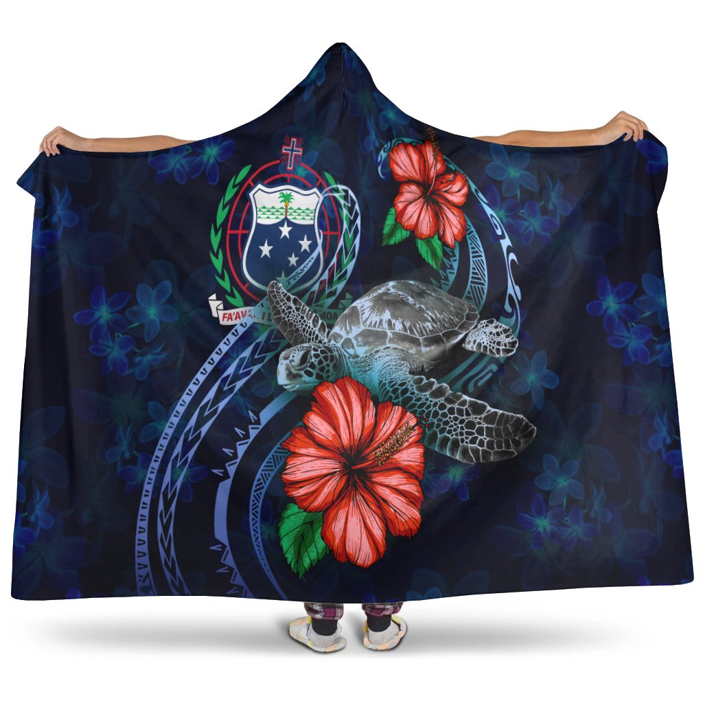 Samoa Polynesian Hooded Blanket - Blue Turtle Hibiscus Hooded Blanket Blue - Polynesian Pride