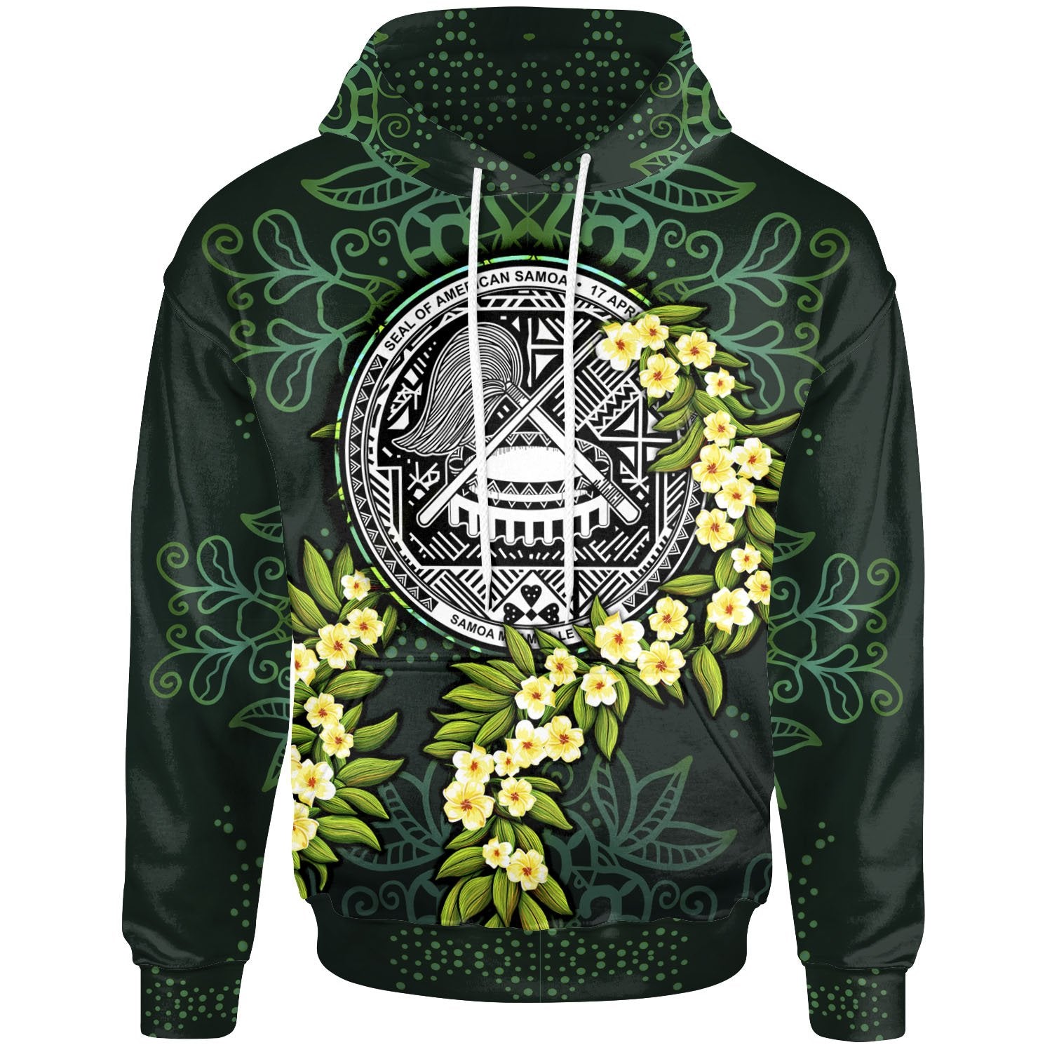 American Samoa Polynesian Hoodie Ti Leaf Lei Turtle Unisex Green - Polynesian Pride