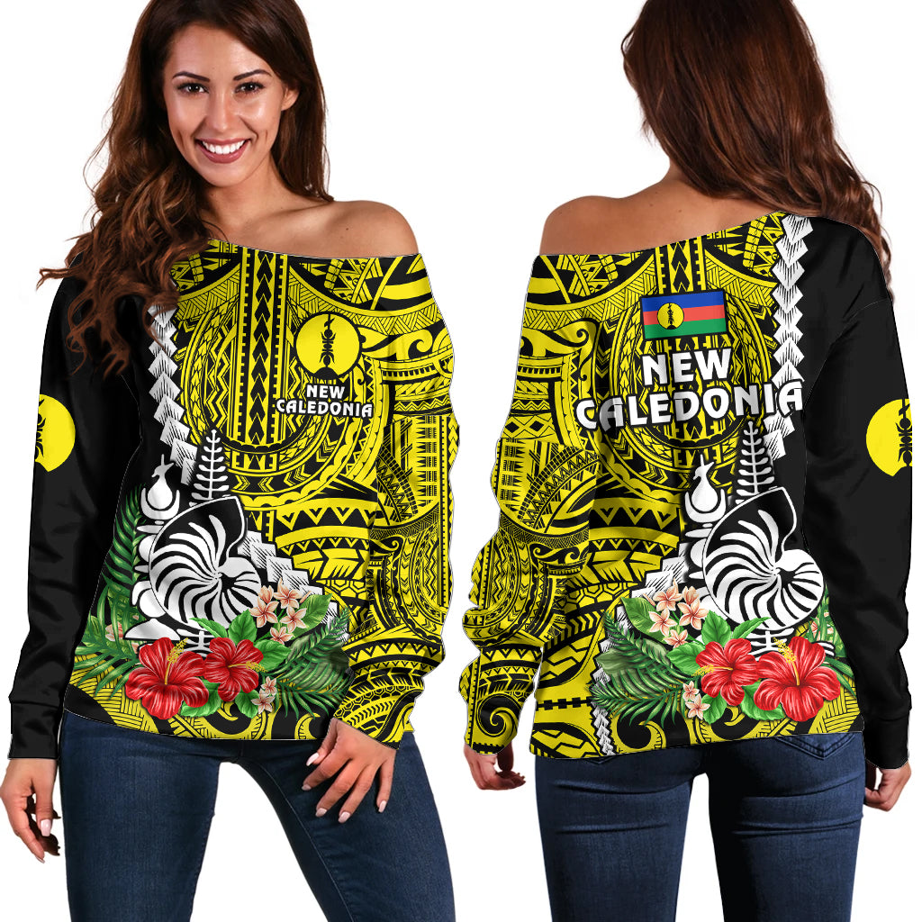 New Caledonia Polynesian Coat Of Arms Mix Tropical Flowers Off Shoulder Sweater LT14 Women Yellow - Polynesian Pride