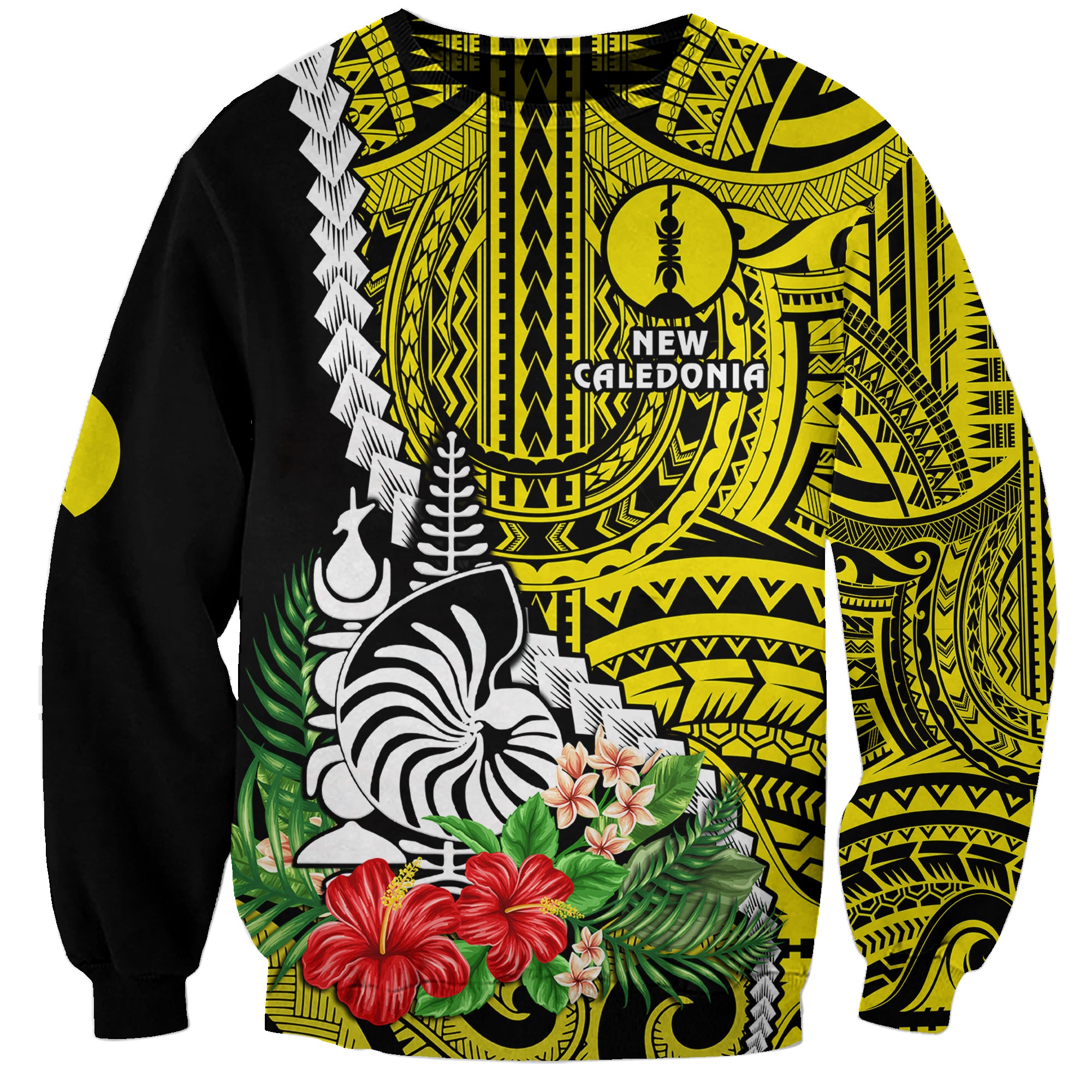 New Caledonia Polynesian Coat Of Arms Mix Tropical Flowers Sweatshirt LT14 Unisex Yellow - Polynesian Pride