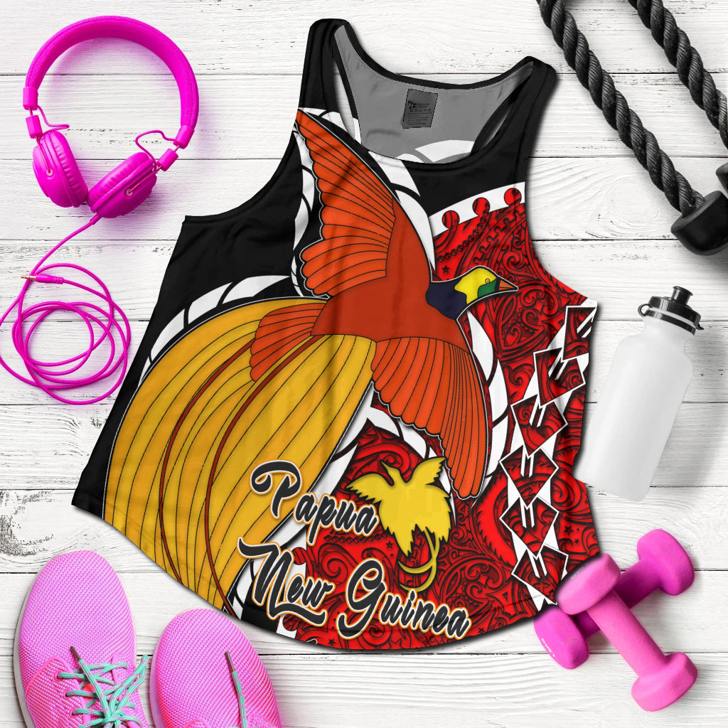 Papua New Guinea Women Racerback Tank - Paradise Bird Of Papua New Guinea with Polynesian Patterns Red - Polynesian Pride