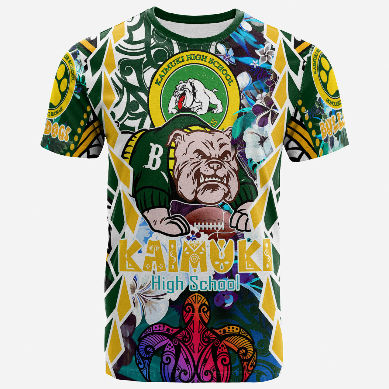 Hawaii Custom T Shirt Kaimuki High School Bulldogs With Hawaiian Sea Turtle and Tribal Patterns LT10 Green - Polynesian Pride