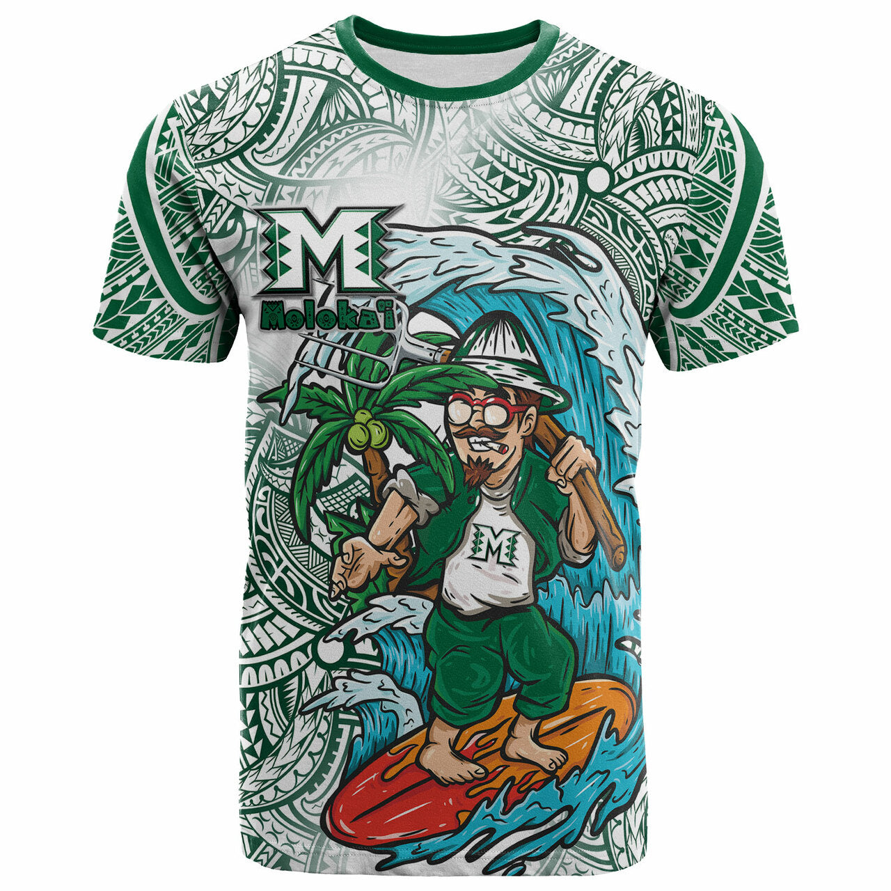 Hawaii Custom T Shirt Molokai High School Surfing Farmer With Polynesian Tribal Patterns LT10 Green - Polynesian Pride