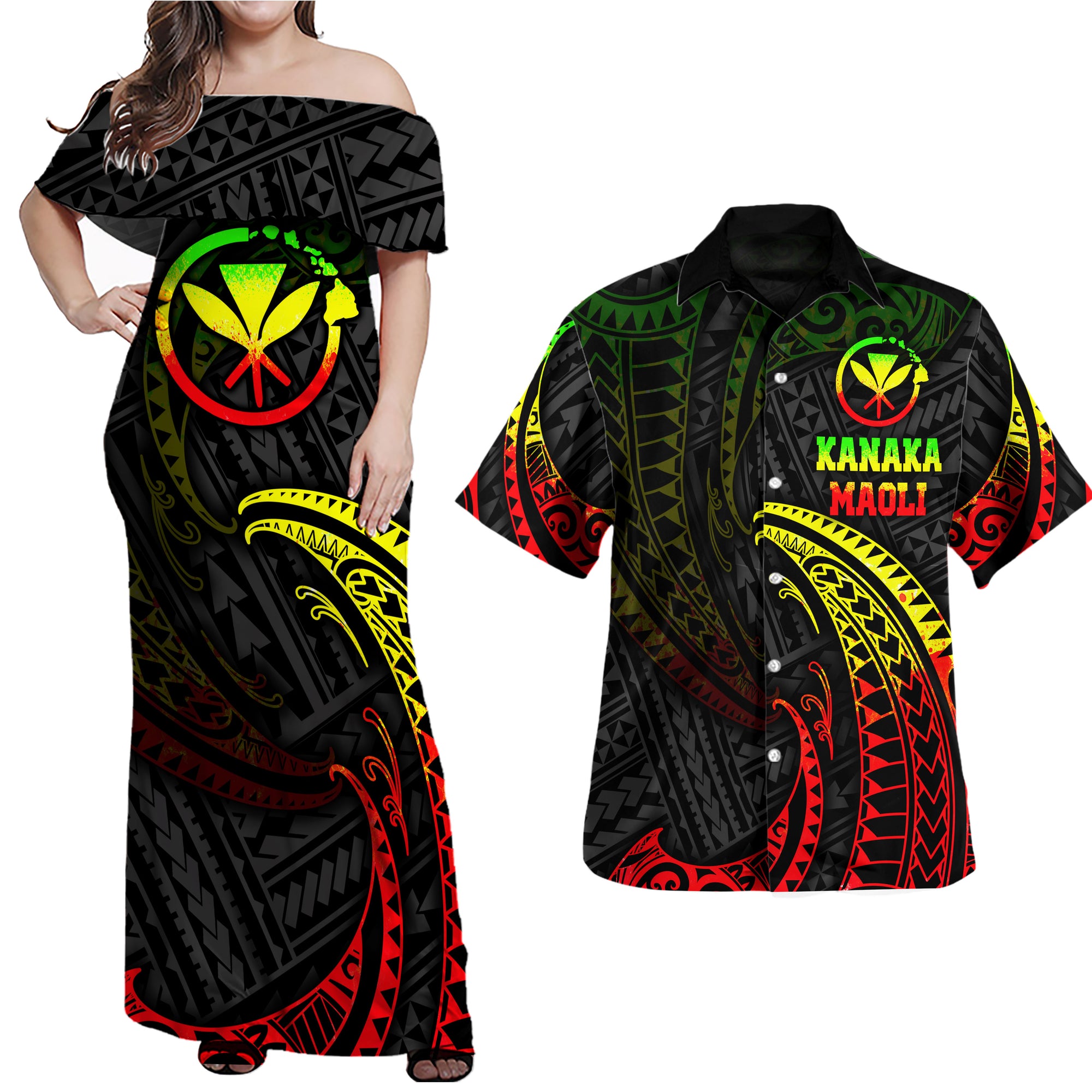 Hawaii Polynesian Matching Dress and Hawaiian Shirt Reggaee Tribal Wave Black - Polynesian Pride