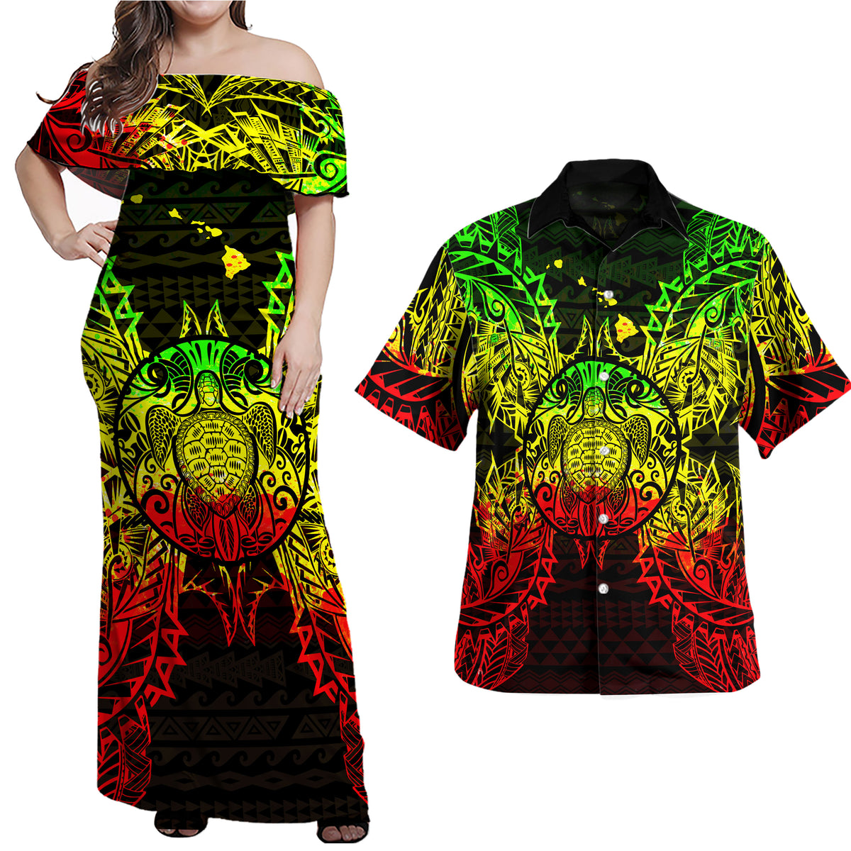 Hawaii Polynesian Matching Dress and Hawaiian Shirt Hawaii Map with Turtle Polynesian Black - Polynesian Pride