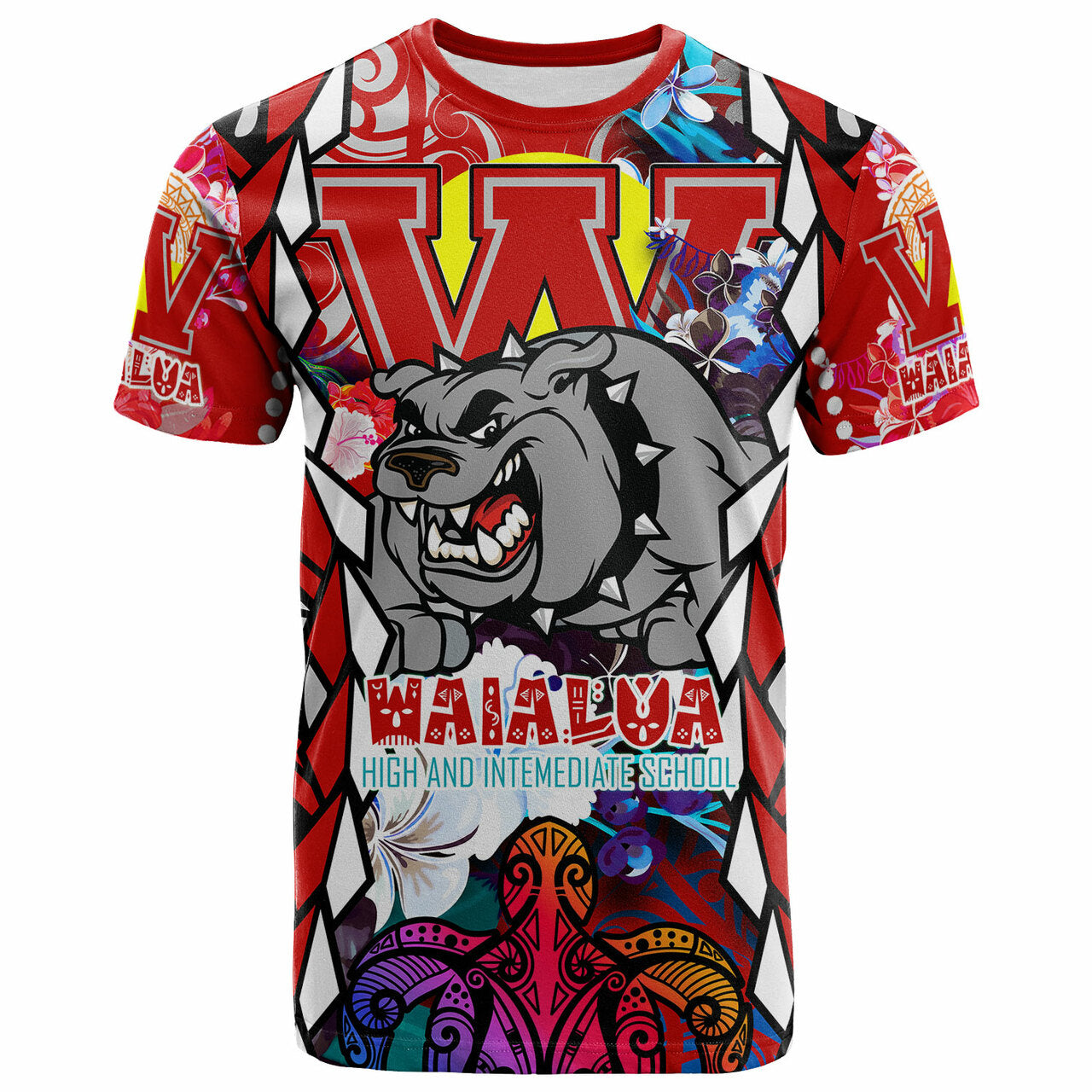 Hawaii Custom T Shirt Waialua High & Intermediate School SuPer Bulldogs With Sea Turtle Tribal Patterns LT10 Red - Polynesian Pride