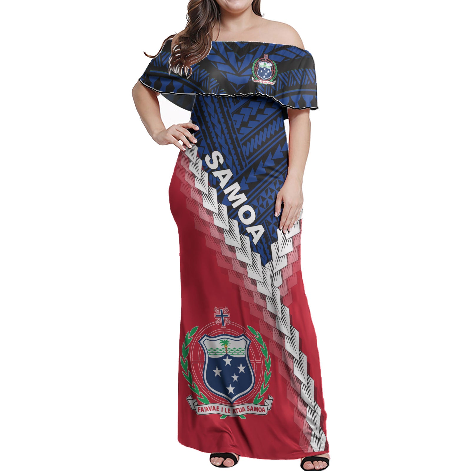 Samoa Woman Off Shoulder Long Dress - Samoa Coat Of Arms With Polynesian Tattoo Women Blue - Polynesian Pride