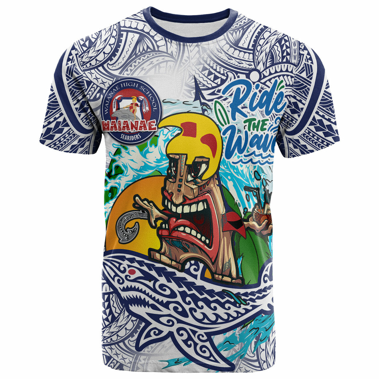 Hawaii Custom T Shirt Waianae High School Tribal Tiki Shark Riders Polynesian Pride T Shirt LT10 Blue - Polynesian Pride