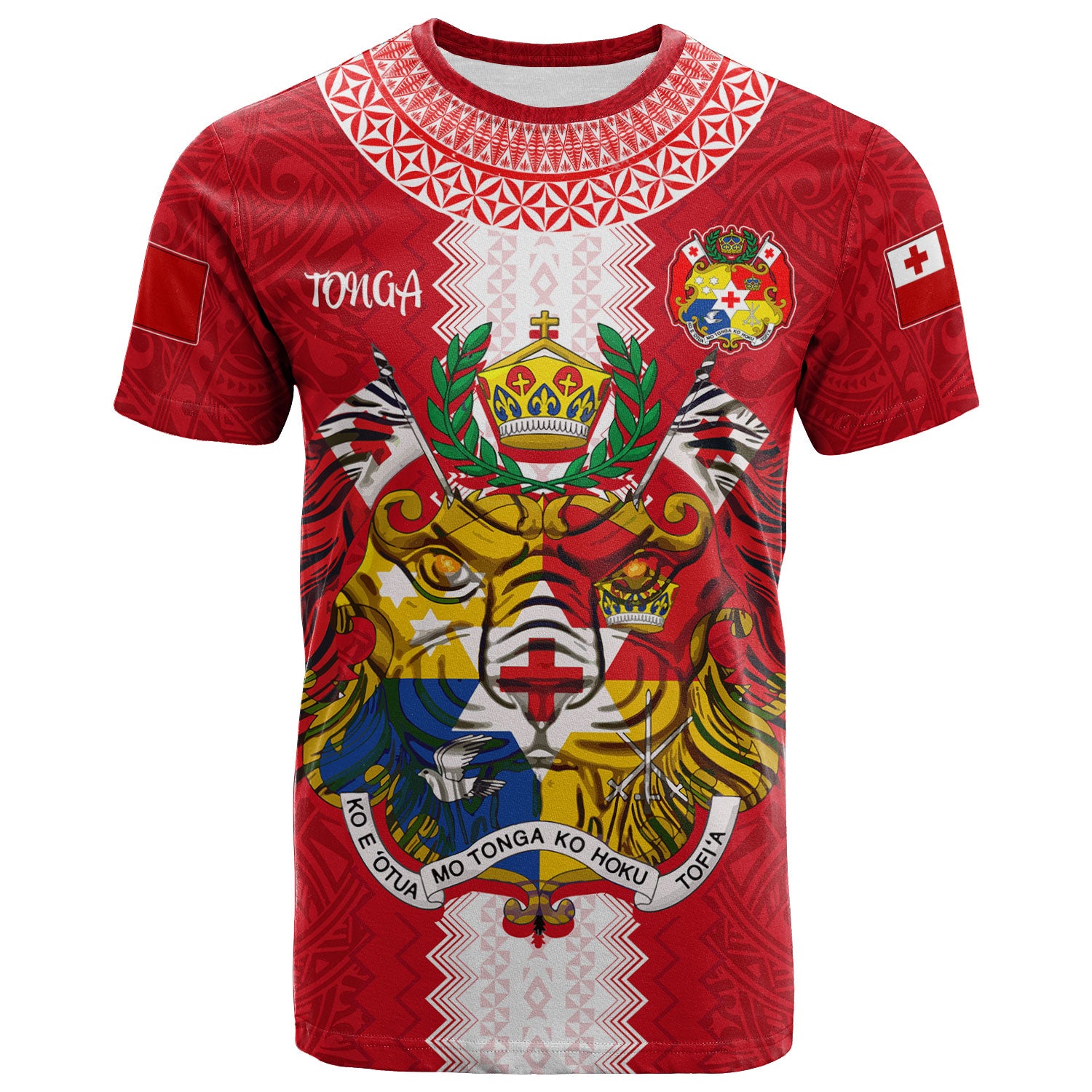 Tonga Polynesian T Shirt Custom Tonga Lion in Polynesian and Kupesi Ngatu Patterns T Shirt Red - Polynesian Pride