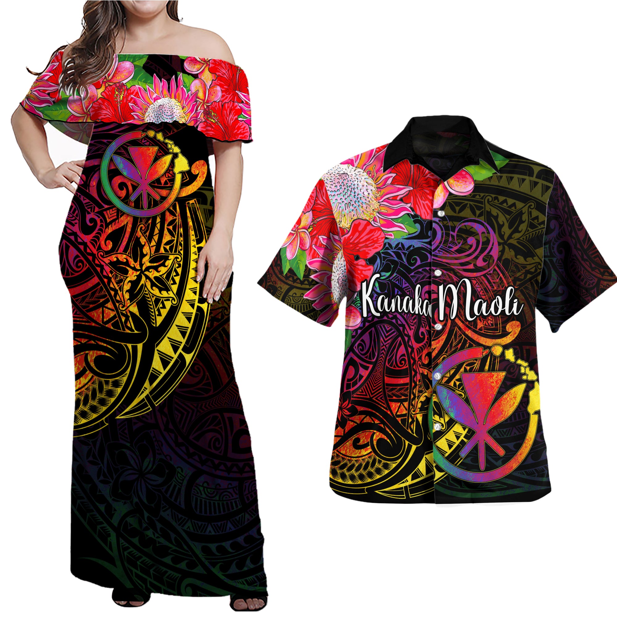 Hawaii Polynesian Matching Dress and Hawaiian Shirt Hippie Style Black - Polynesian Pride