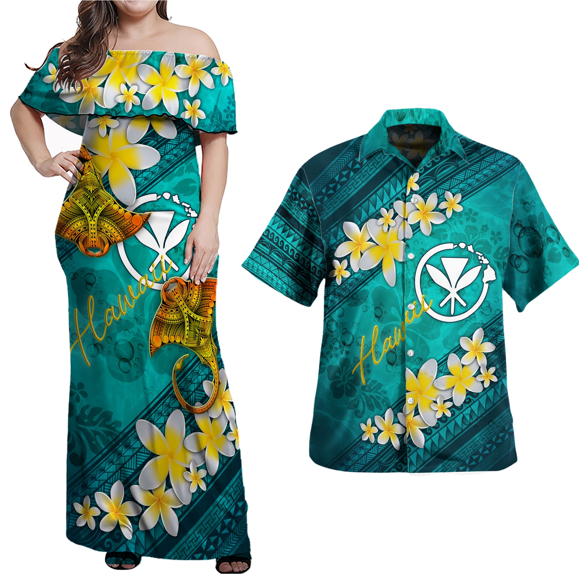 Hawaii Polynesian Matching Dress and Hawaiian Shirt Kanaka and Map Blue - Polynesian Pride