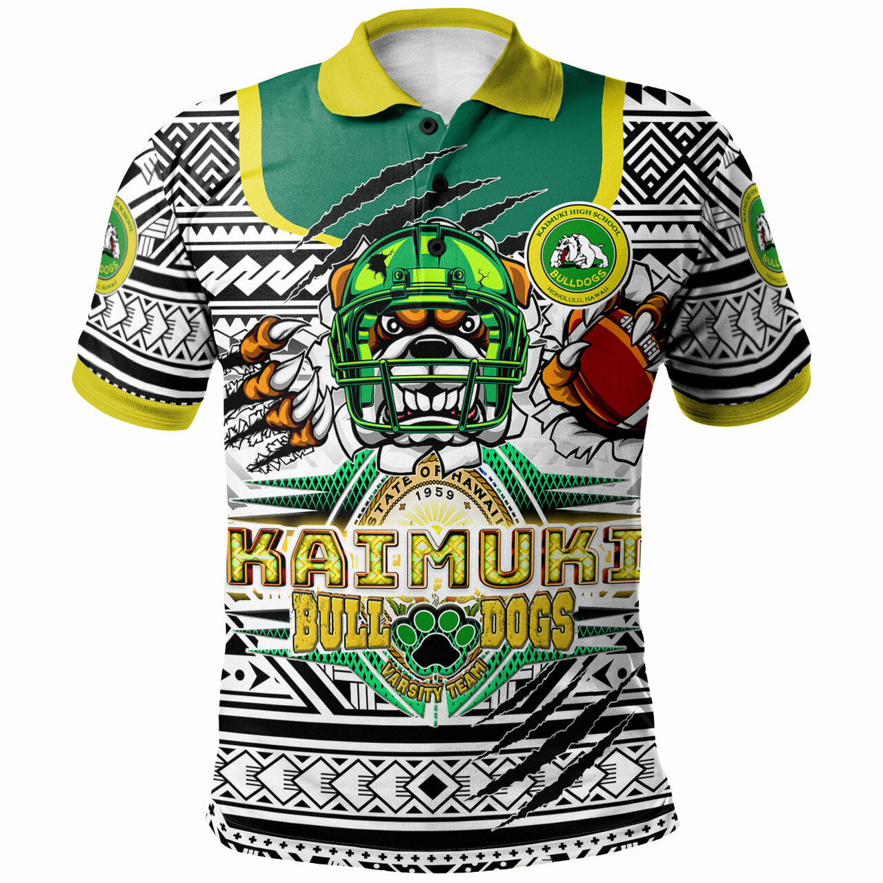 Hawaii Kaimuki High School Custom Polynesian Polo Shirt Kaimuki High School (Honolulu, HI) Varsity Football Tribal Patterns LT10 White - Polynesian Pride