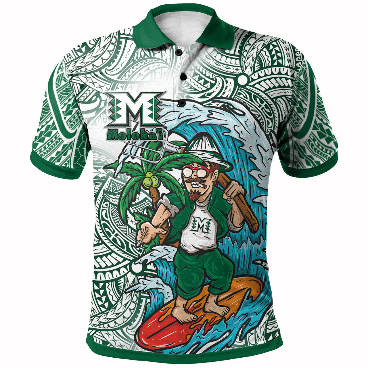 Hawaii Custom Polo Shirt Molokai High School Surfing Farmer With Polynesian Tribal Patterns LT10 Green - Polynesian Pride