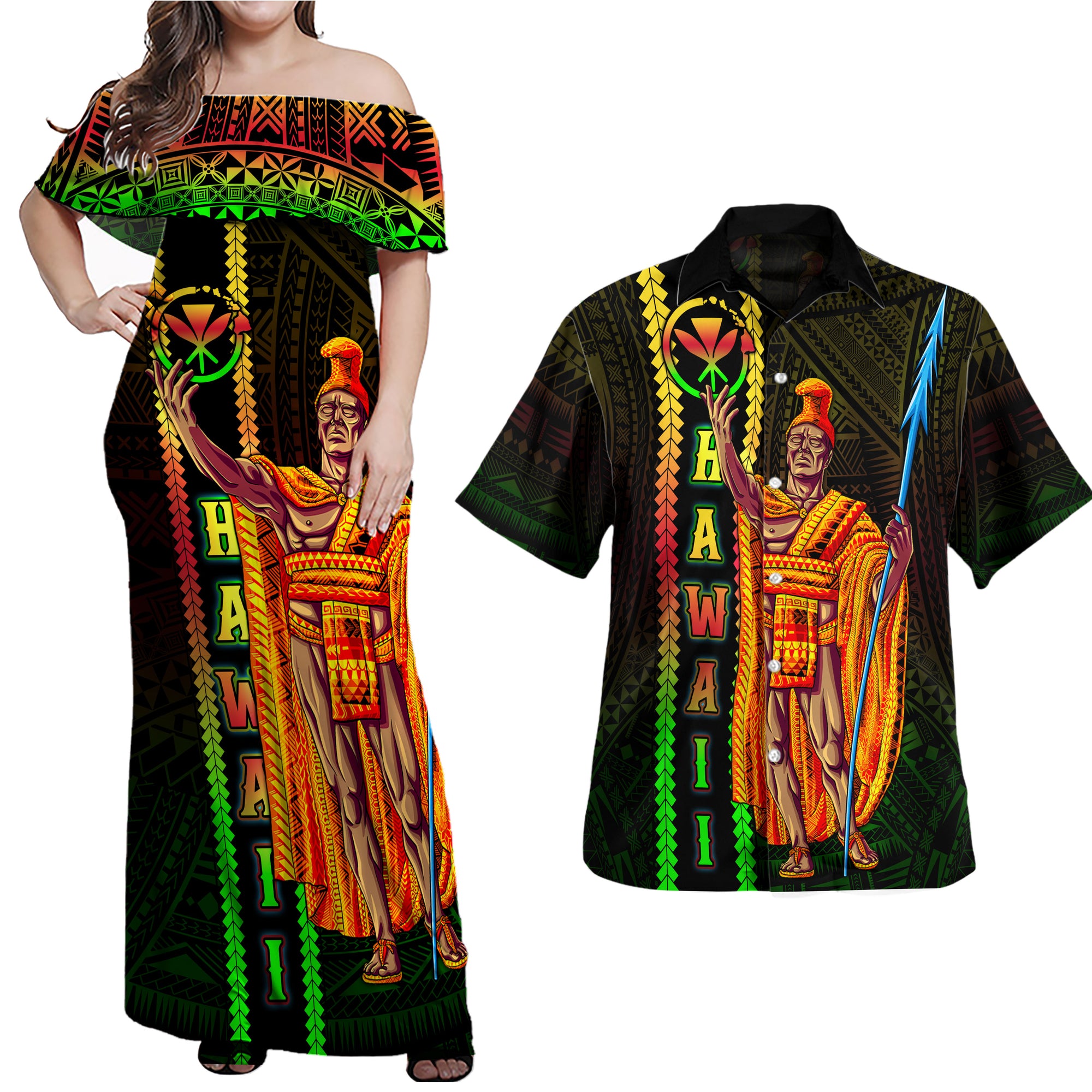 Hawaii King Kamehameha Polynesian Matching Dress and Hawaiian Shirt Black - Polynesian Pride