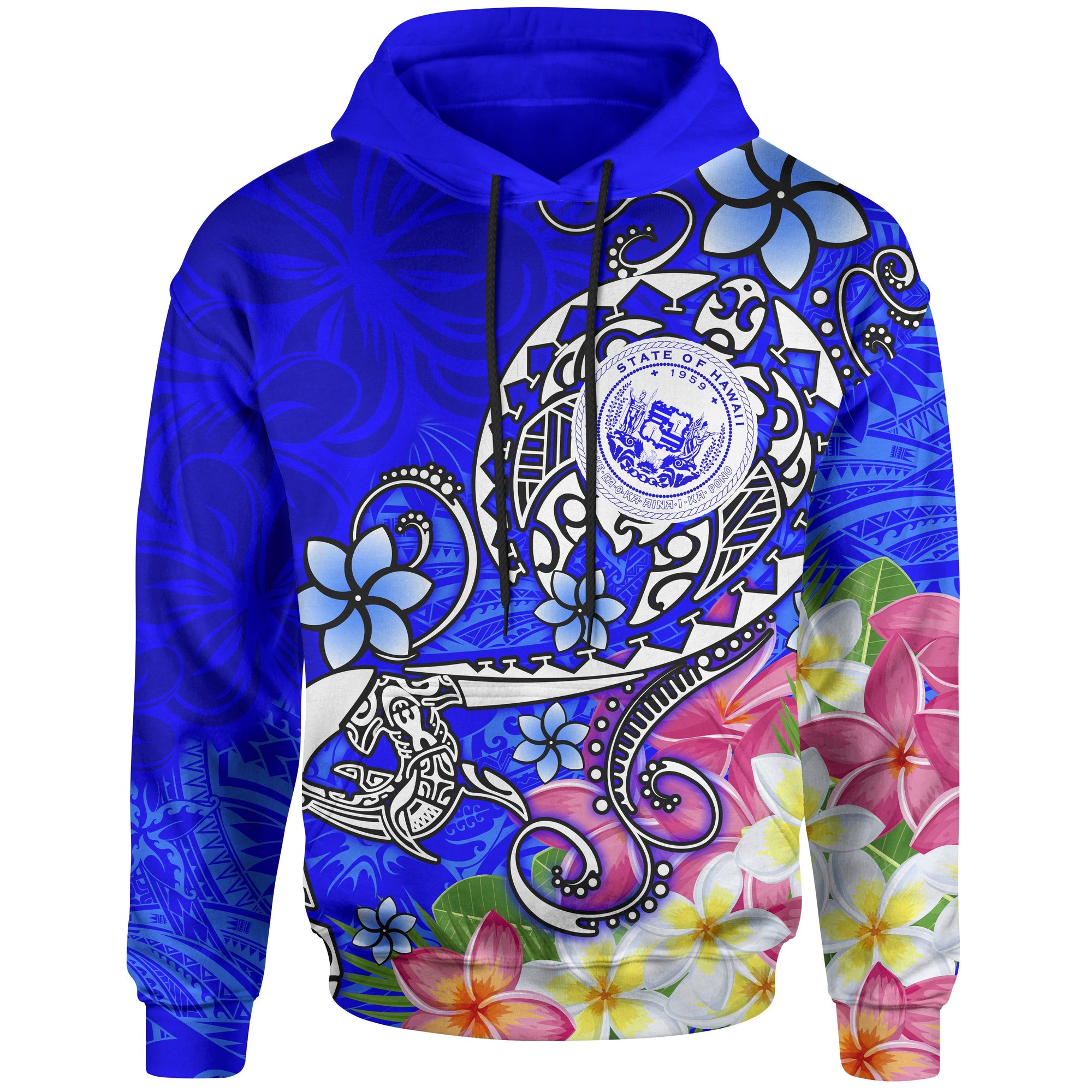 Hawaii Polynesian Hoodie Hawaii Seal With Turtle Plumeria (Blue) Unisex Blue - Polynesian Pride