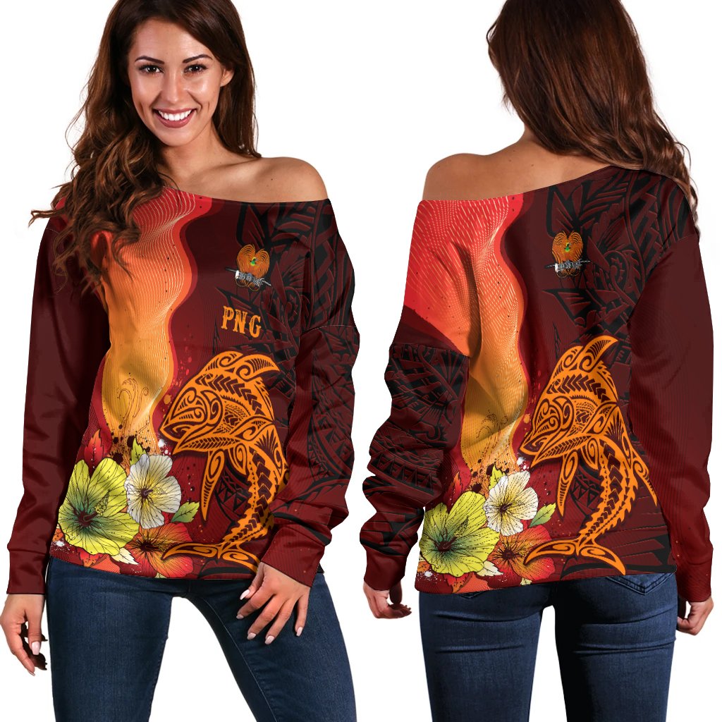 Papua New Guinea Women's Off Shoulder Sweater - Tribal Tuna Fish Orange - Polynesian Pride