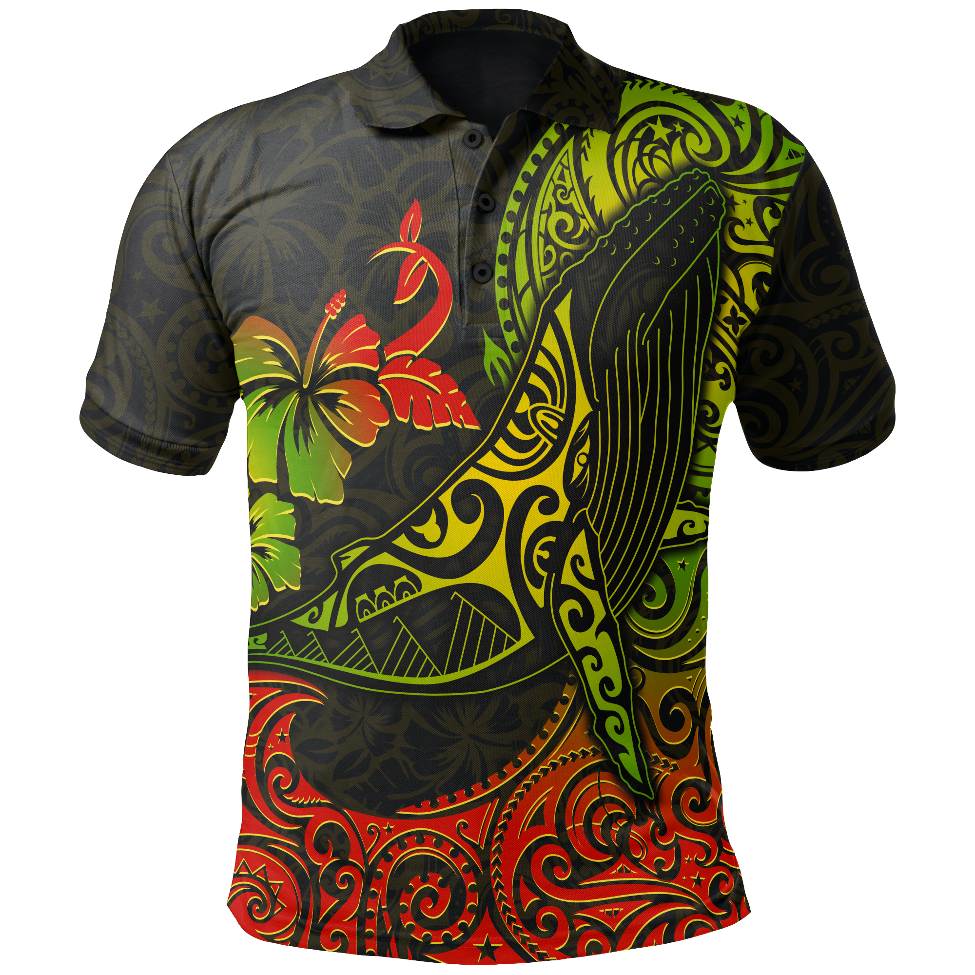 Hawaii Polo Shirt Polynesian Humpback Whale Hibiscus Unisex BLACK - Polynesian Pride