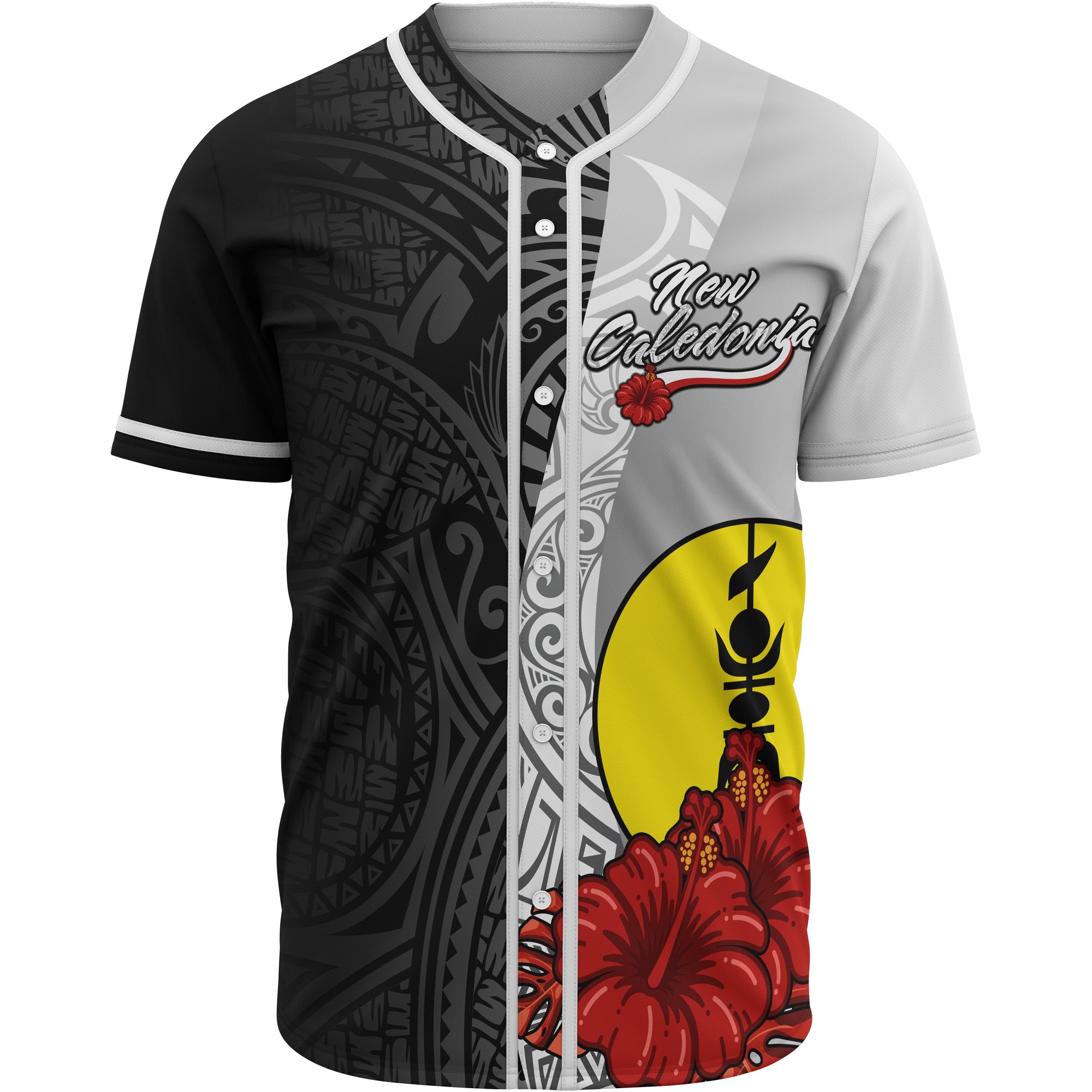 New Caledonia Polynesian Baseball Shirt - Coat Of Arm With Hibiscus White Unisex White - Polynesian Pride