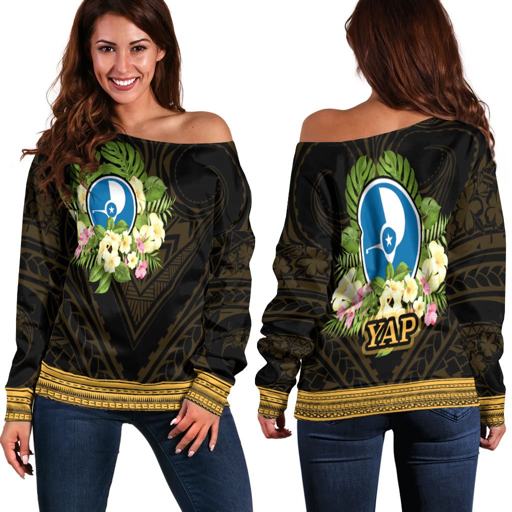 Yap State Women's Off Shoulder Sweater - Polynesian Gold Patterns Collection Black - Polynesian Pride