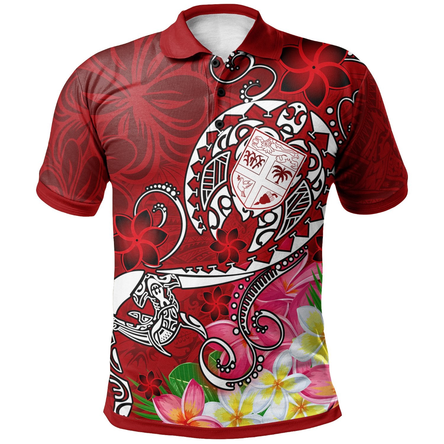 Fiji Polo Shirt Turtle Plumeria (Red) Unisex Red - Polynesian Pride