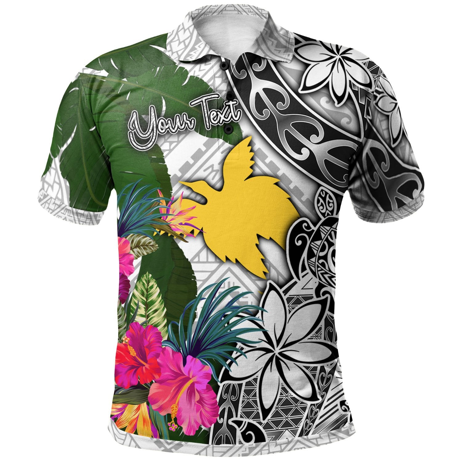 Papua New Guinea Custom Polo Shirt White Turtle Plumeria Banana Leaf Unisex White - Polynesian Pride