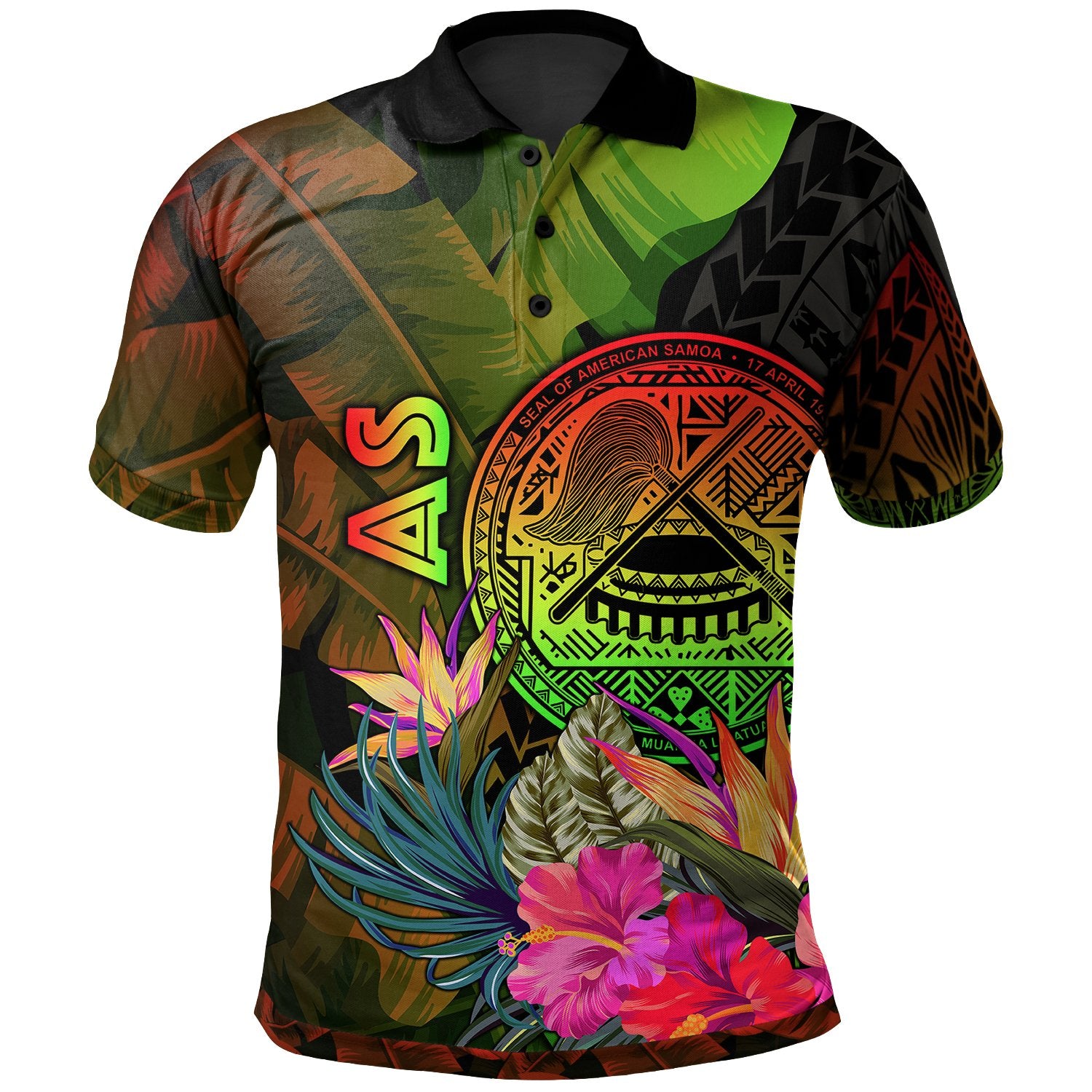 American Samoa Polynesian Polo Hibiscus and Banana Leaves Unisex Reggae - Polynesian Pride