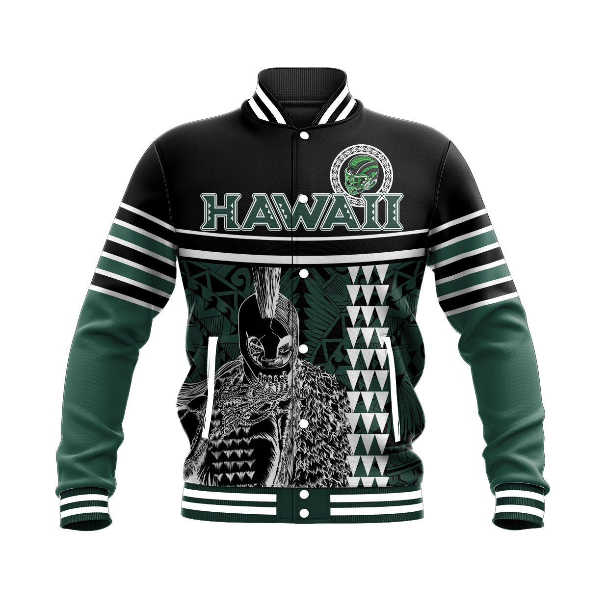 Personalised - Hawaii Kakau Polynesian Warrior Football Baseball Jacket - AH - Rainbow Style Unisex Green - Polynesian Pride