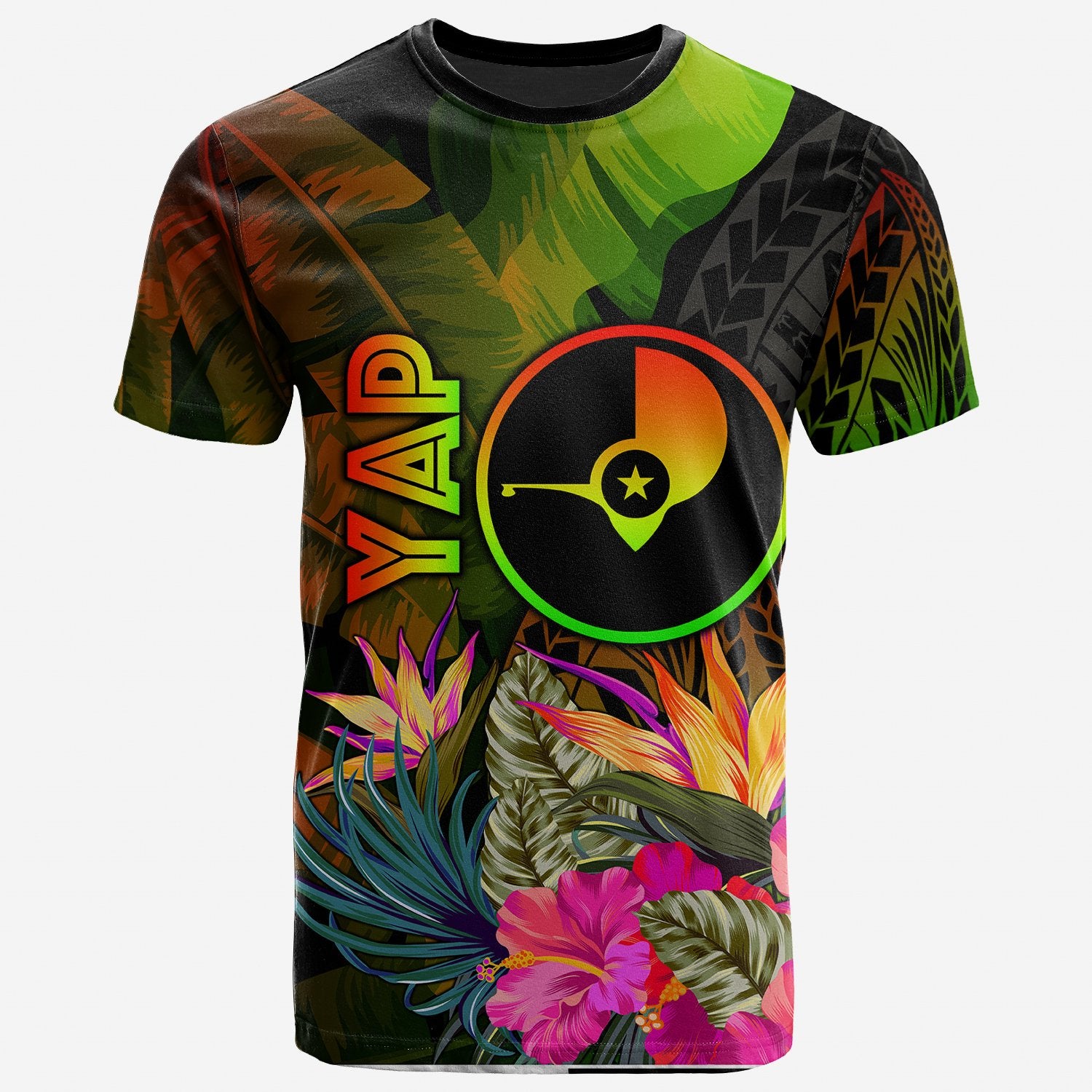 YAP Polynesian T Shirt Hibiscus and Banana Leaves Unisex Reggae - Polynesian Pride