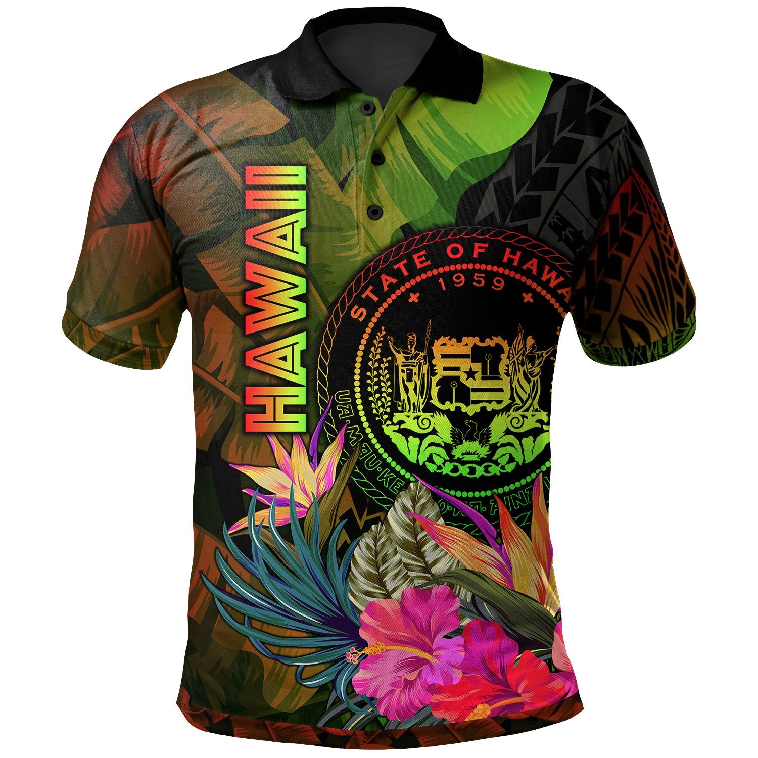 Polynesian Hawaii Polynesian Polo Hibiscus and Banana Leaves Unisex Reggae - Polynesian Pride