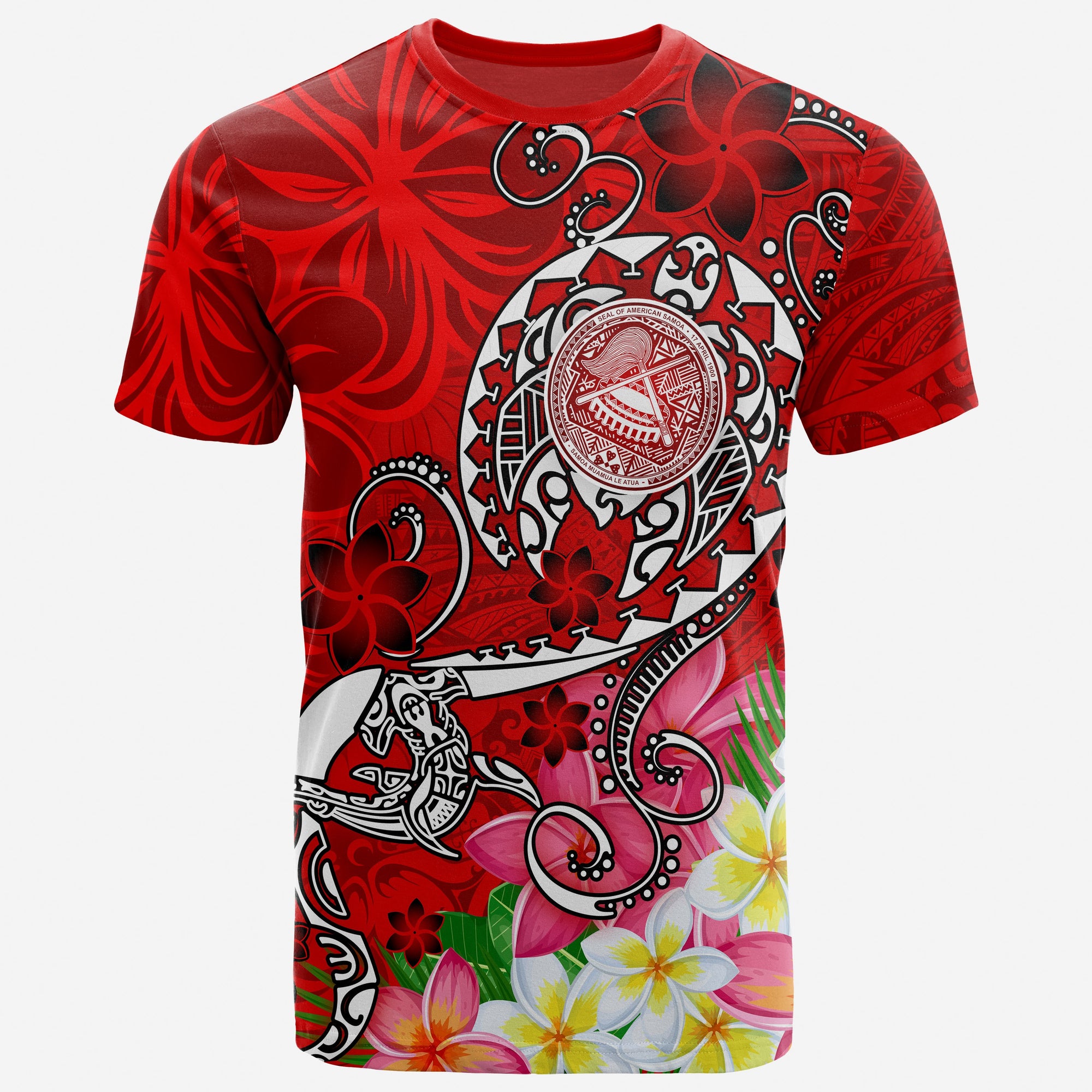 American Samoa Polynesian T Shirt Turtle Plumeria (Red) Unisex Red - Polynesian Pride