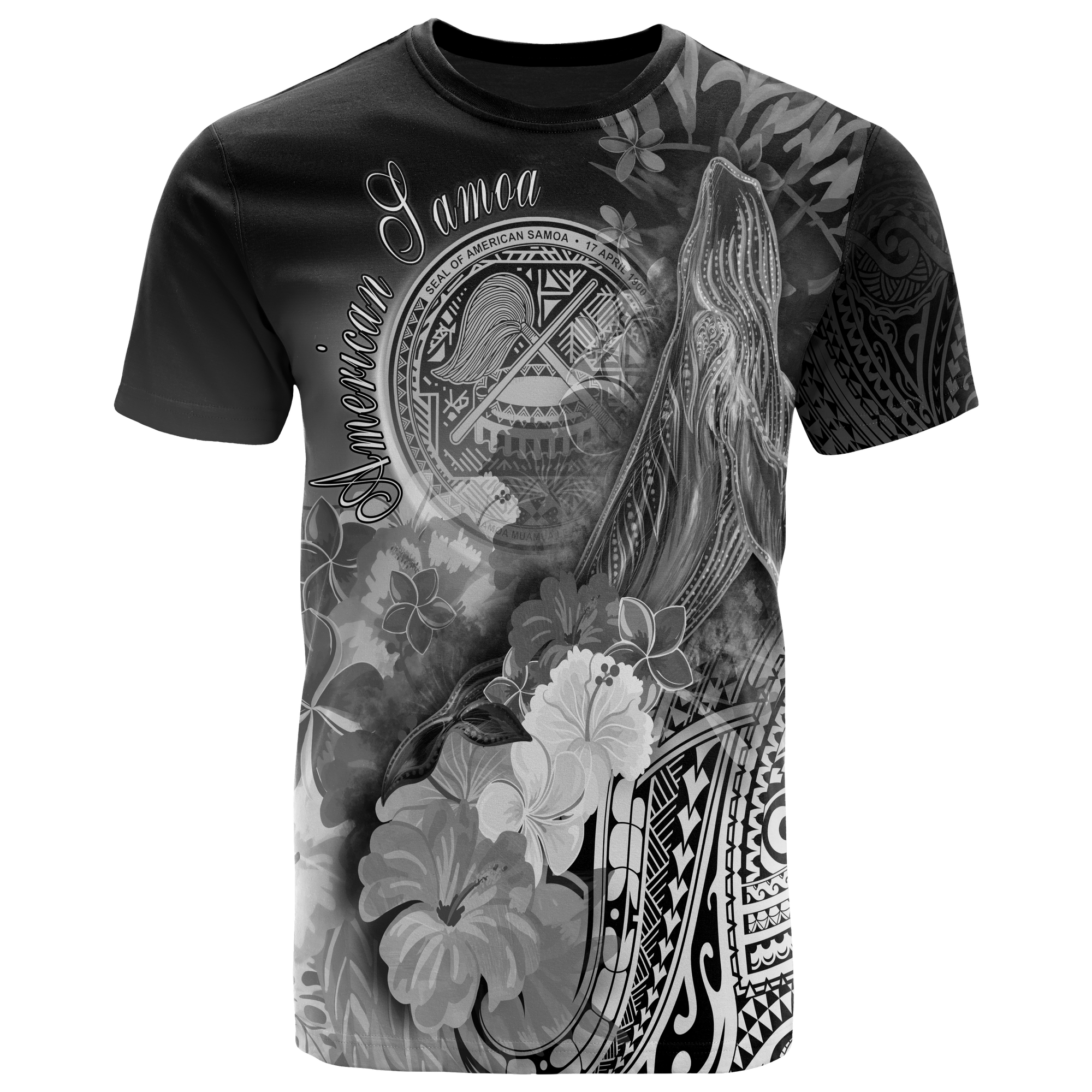 American Samoa Polynesian T Shirt Humpback Whale with Tropical Flowers (White) Unisex White - Polynesian Pride