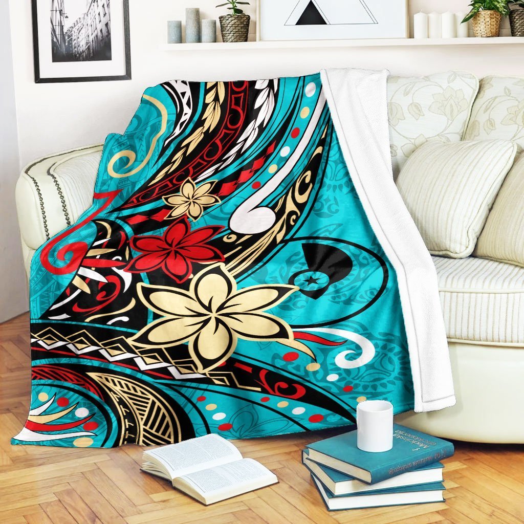 Yap State Premium Blanket - Tribal Flower With Special Turtles Blue Color White - Polynesian Pride