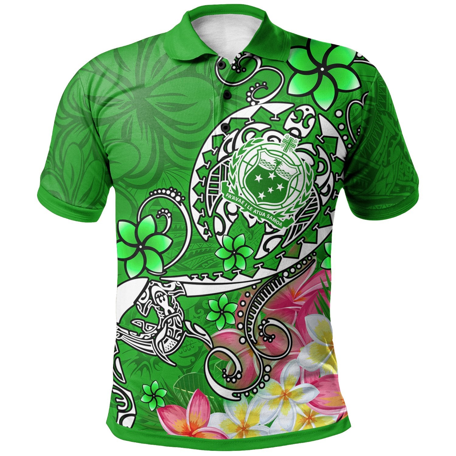 Samoa Polo Shirt Turtle Plumeria (Green) Unisex Green - Polynesian Pride