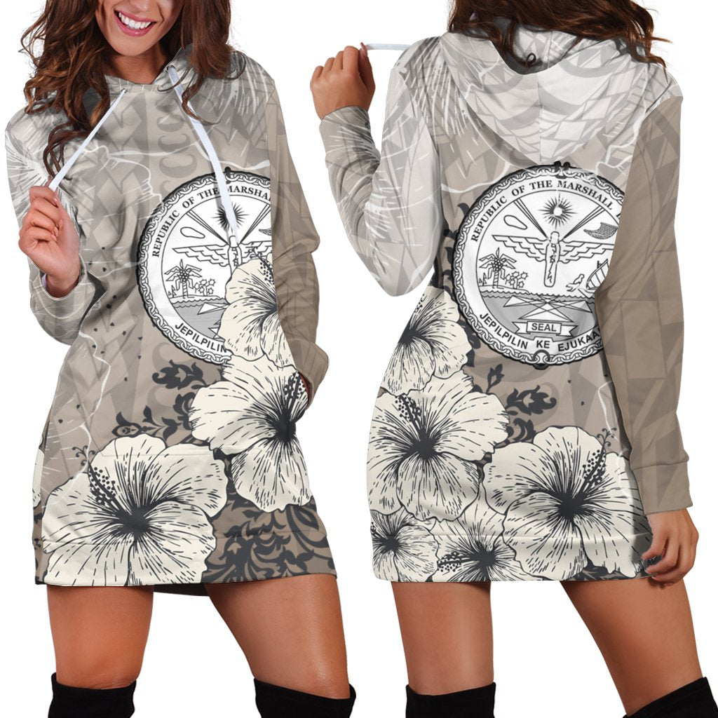 Marshall Islands Hoodie Dress - Vintage Luxury Floral Style Nude - Polynesian Pride