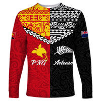Papua New Papua New Guinea Combine New Zealand Maori Aotearoa Heritage Long Sleeve Shirt - LT12 Unisex Red - Polynesian Pride