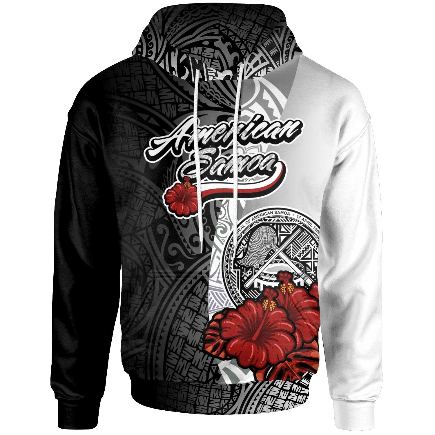 American Samoa Polynesian Hoodie Coat of Arm With Hibiscus White Unisex White - Polynesian Pride