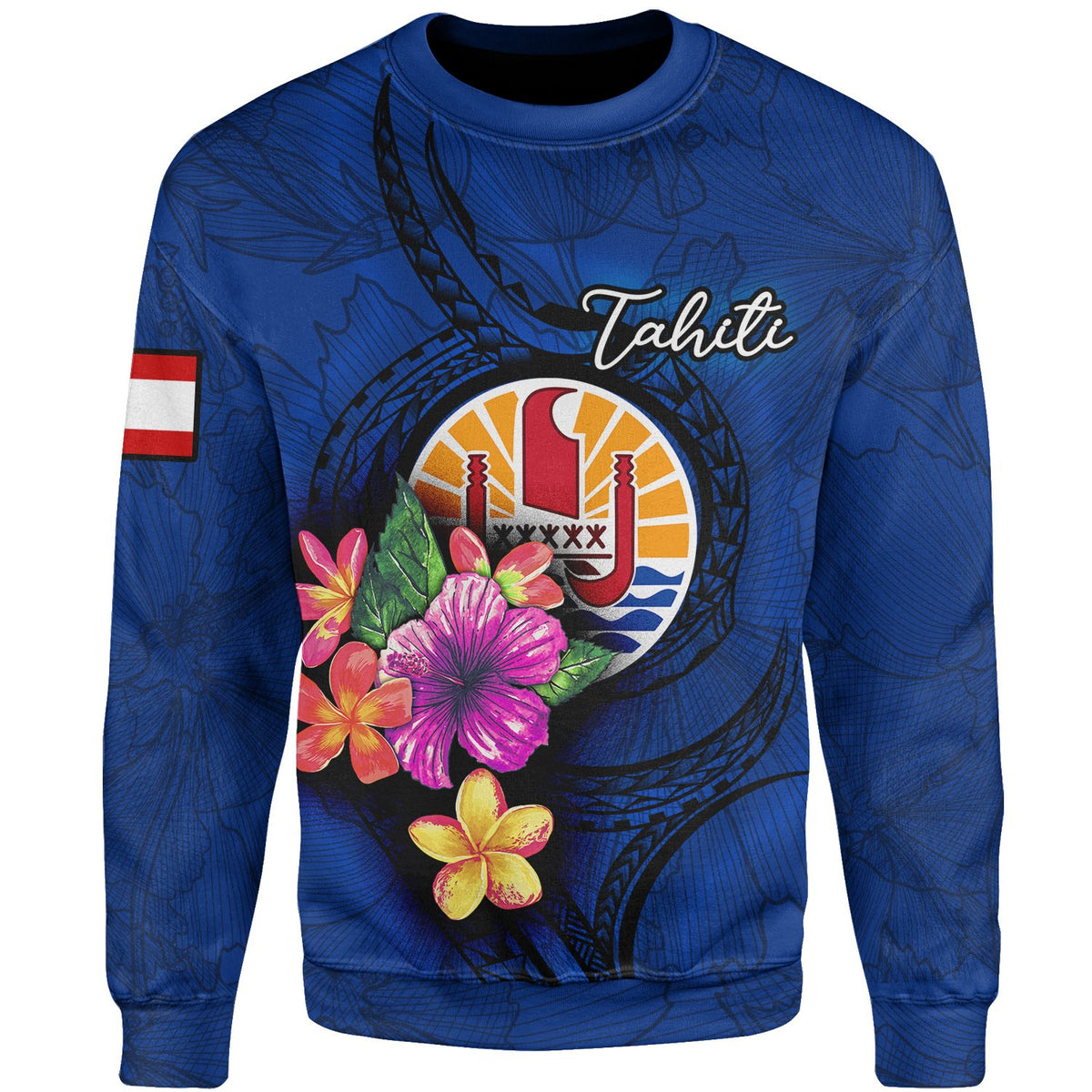Tahiti Polynesian Sweater - Floral With Seal Blue Unisex Blue - Polynesian Pride
