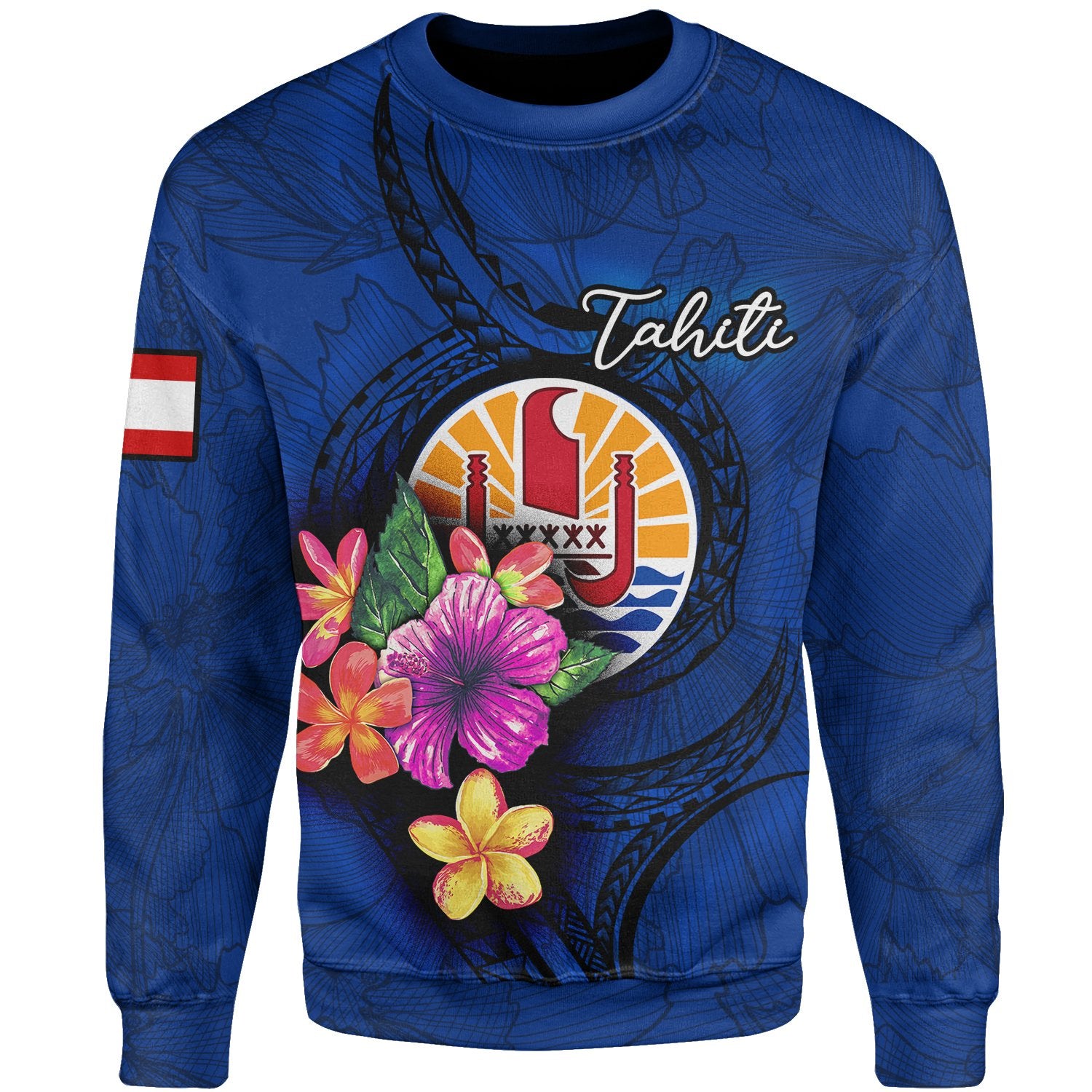 Tahiti Polynesian Sweater - Floral With Seal Blue Unisex Blue - Polynesian Pride
