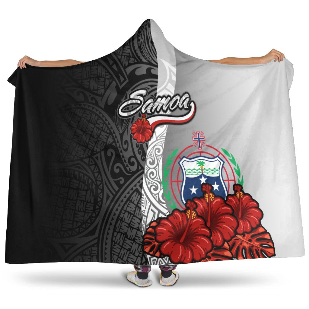 Samoa Polynesian Hooded Blanket - Coat Of Arm With Hibiscus White Hooded Blanket White - Polynesian Pride