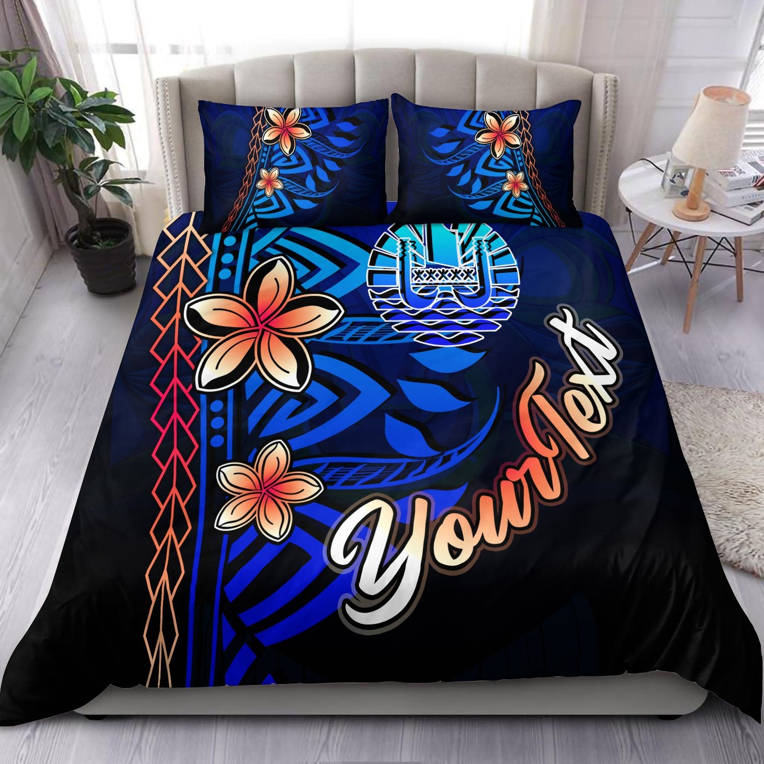 Tahiti Custom Personalised Bedding Set - Vintage Tribal Mountain Blue - Polynesian Pride