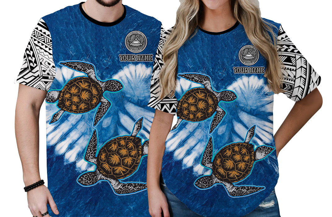 Custom American Samoa Couple Turtles T Shirt Polynesian Valentine HUSBand and WIFE Tie Dye Blue LT13 6XL - Polynesian Pride