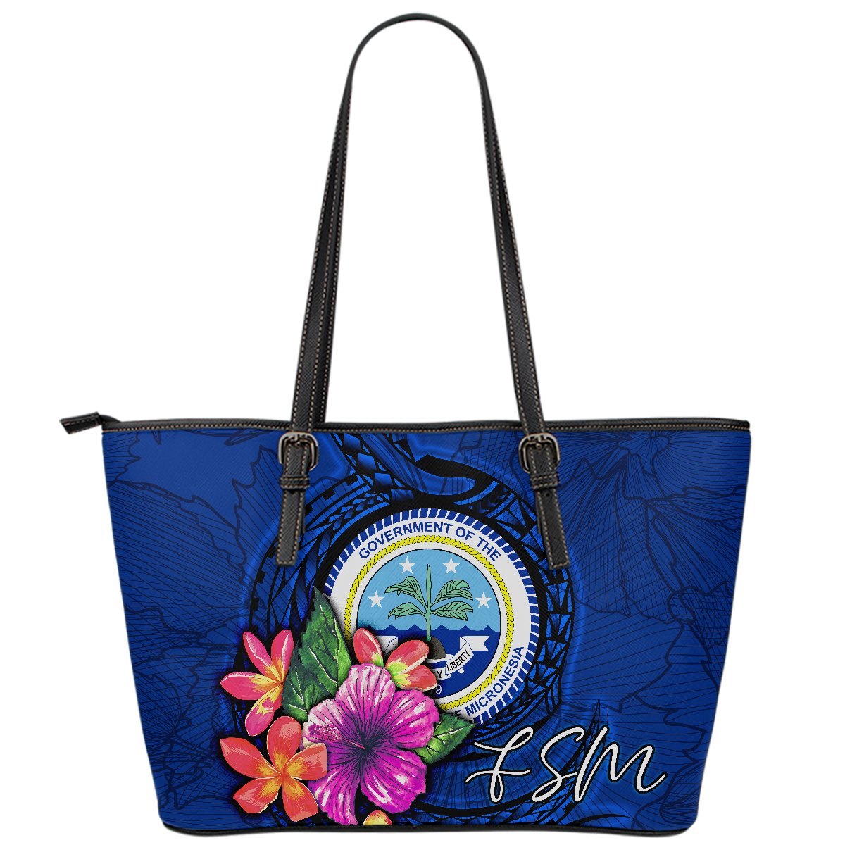 Federated States of Micronesia Leather Tote Bag - Floral With Seal Blue Blue - Polynesian Pride