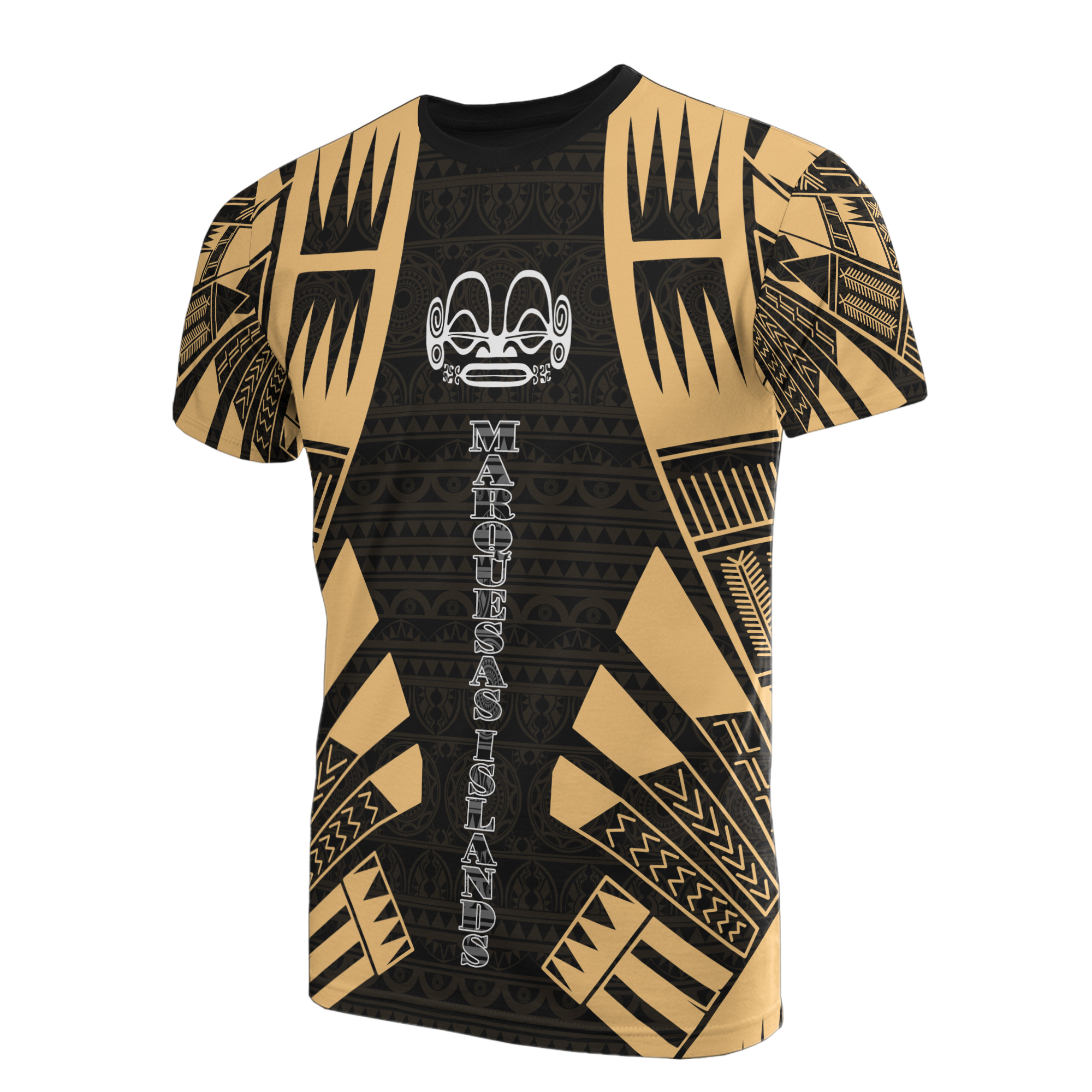 Marquesas Islands T Shirt Marquesas Islands Tiki Face Tattoo Gold Style Unisex Black-Gold - Polynesian Pride